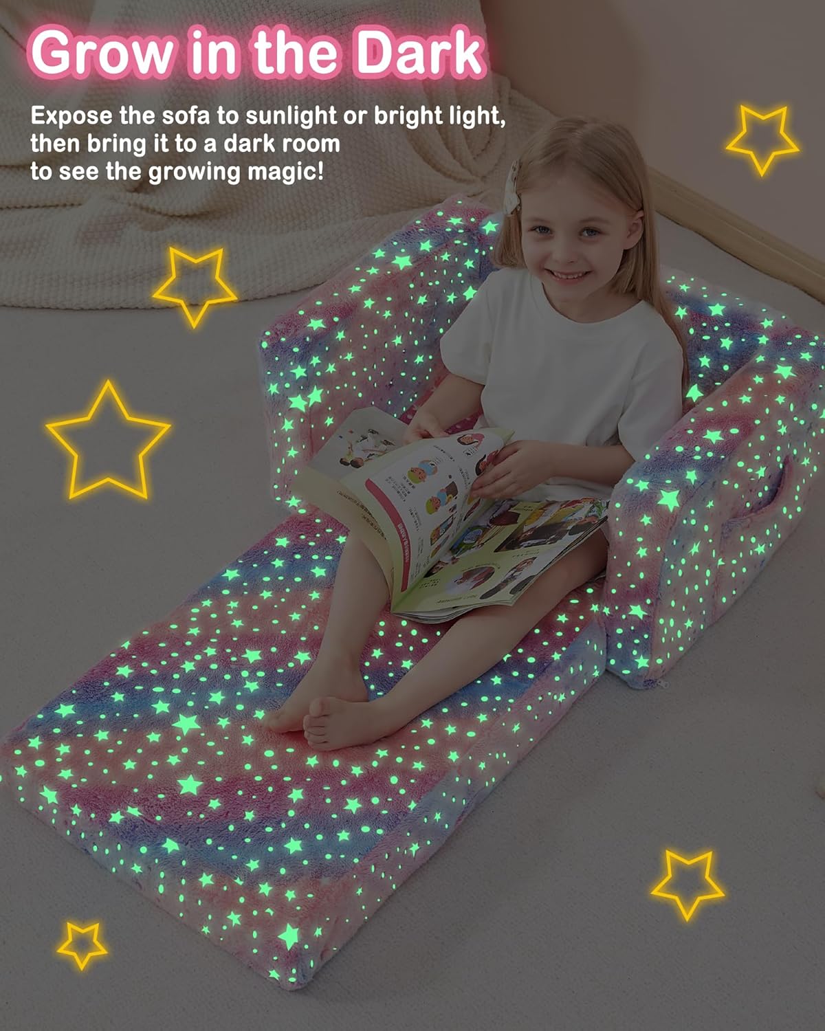 Toddler Couch, 2-in-1 Soft Kids Couch Bed Fold Out, Toddler Chairs Comfy for Boys & Girls, Convertible Kids Sofa to Lounge for Playroom, Gift for Birthday, Children's Day- Glow Star - Image 3