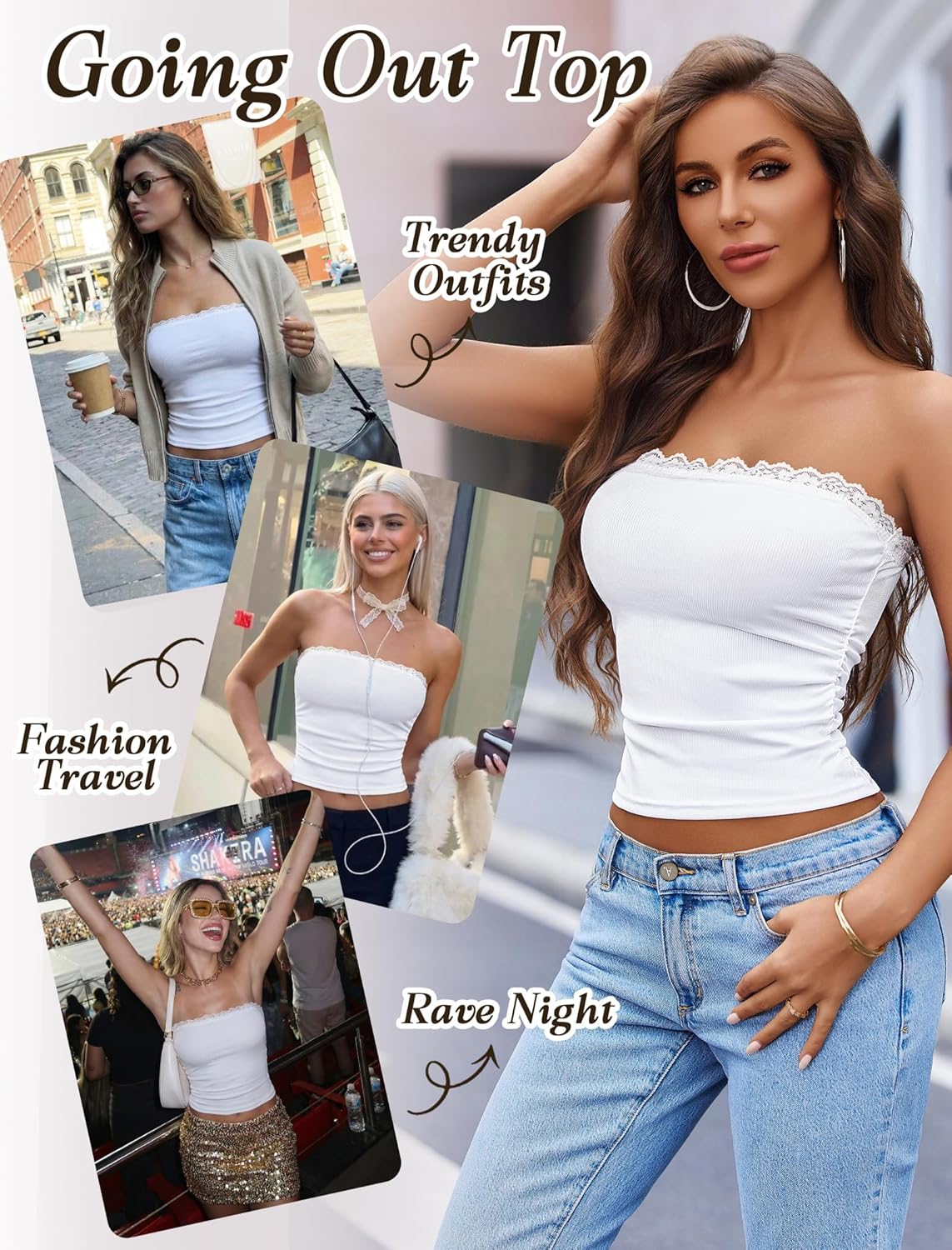 Avidlove Tube Tops for Women Lace Trim Ribbed Strapless Crop Tops Ruched Y2k Bandeau Going Out Top - Image 4