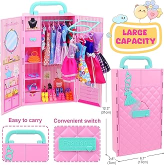 ZITA ELEMENT 108Pcs 11.5 Inch Girl Doll Closet with Clothes and Accessories, Party Dress Gowns, Fashion Dresses, Shoes, Swimsuits, Necklaces, Doll Wardrobe for Toddlers 3 Ages and Up