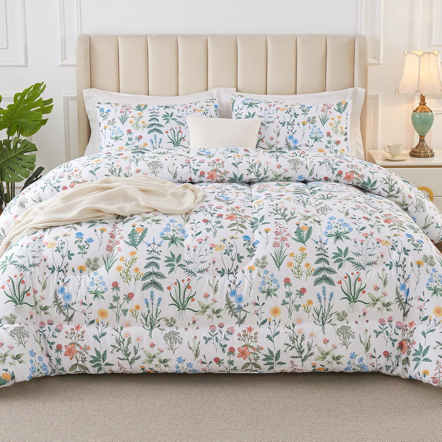 King Size Comforter Set, King Bedding Sets 3 Pieces for All Seasons, Bed in a Bag King Bedspread with Botanical Flowers Comforter, 2 Pillowcases