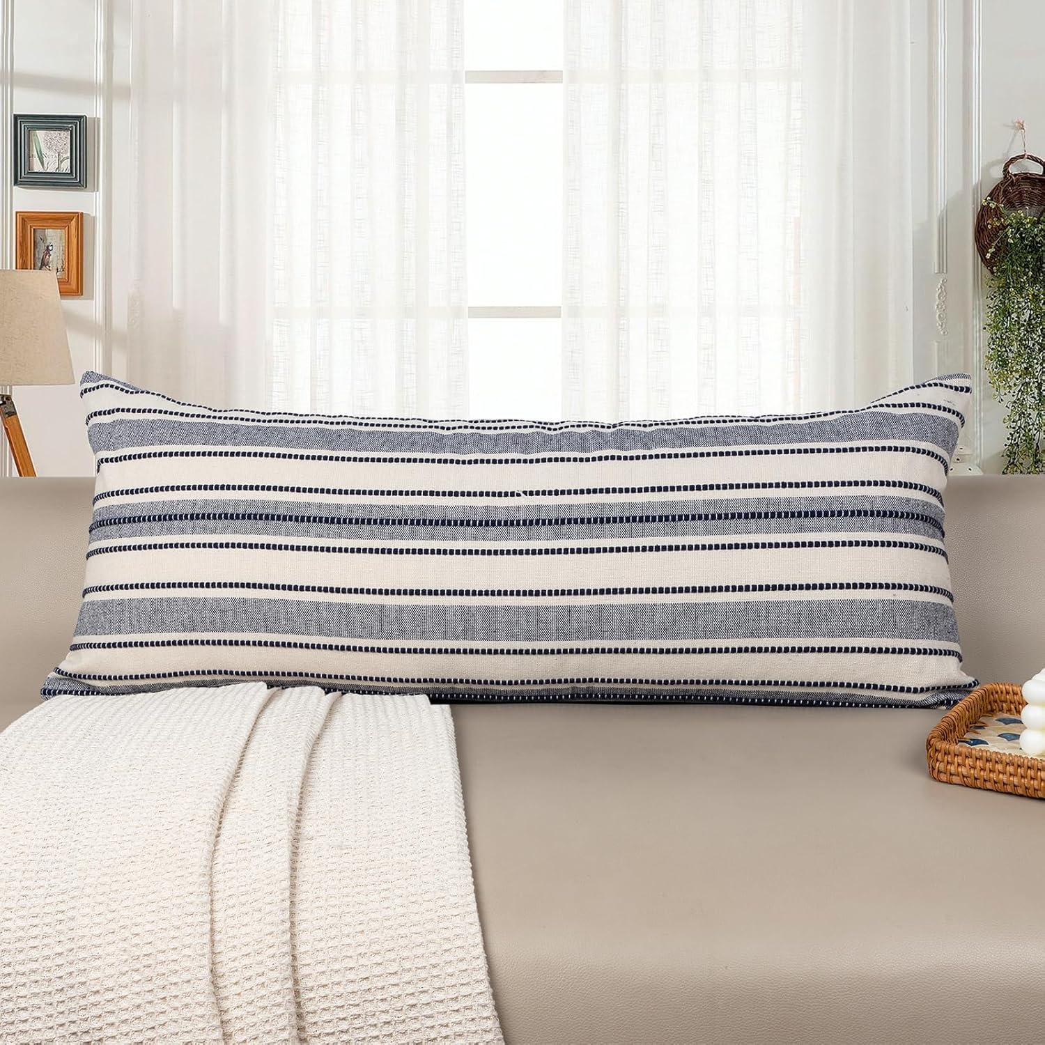 Boho Lumbar Pillow Cover 14x36 inch, Navy Blue Striped Farmhouse Decorative Pillow Case, Accent Cushion Cover for Couch Living Room Bed Sofa, Only 1 Cover Navy Blue 36" x 14" (Pack of 1)