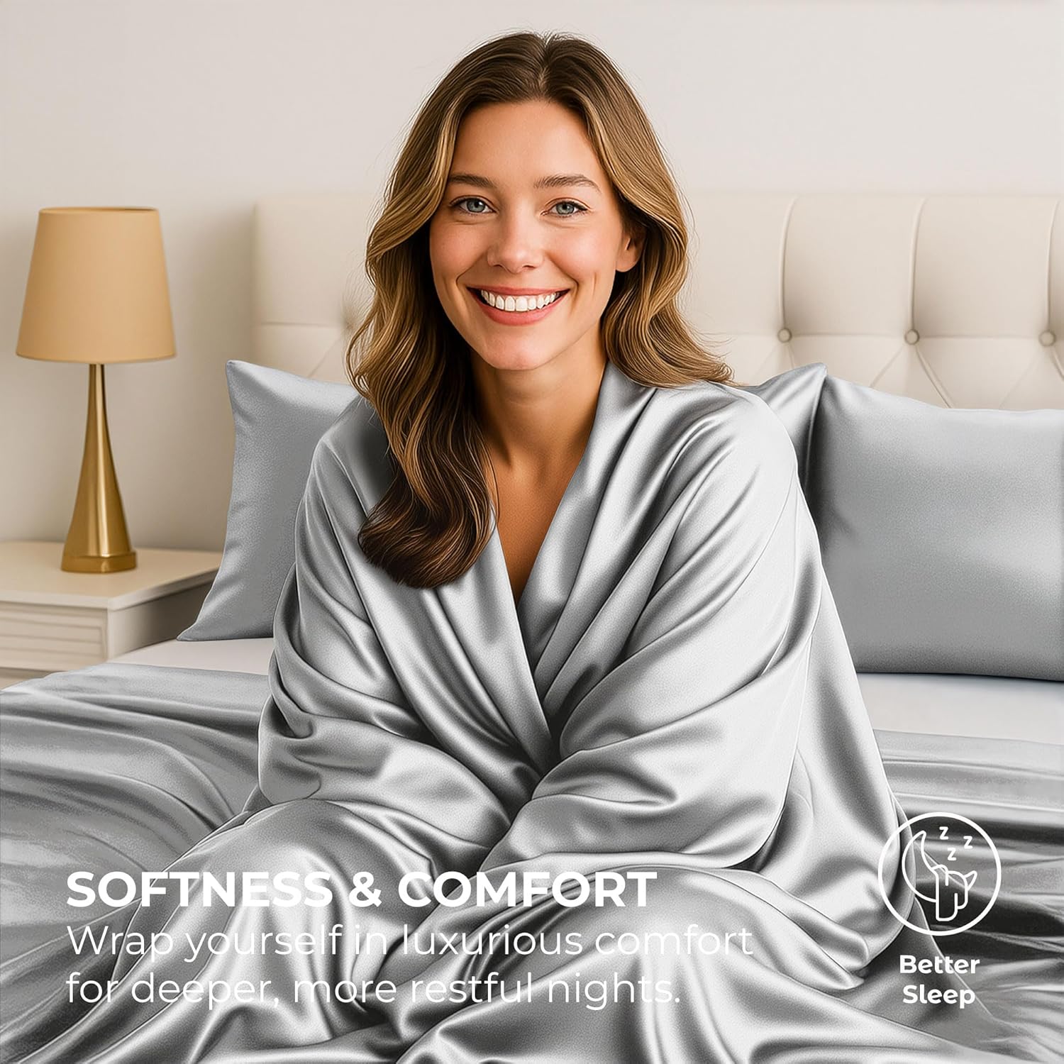 サテンシーツ カリフォルニアキング [4点、グレー] ラグジュアリー シルキー ベッドシーツ - エクストラソフト 1800 マイク