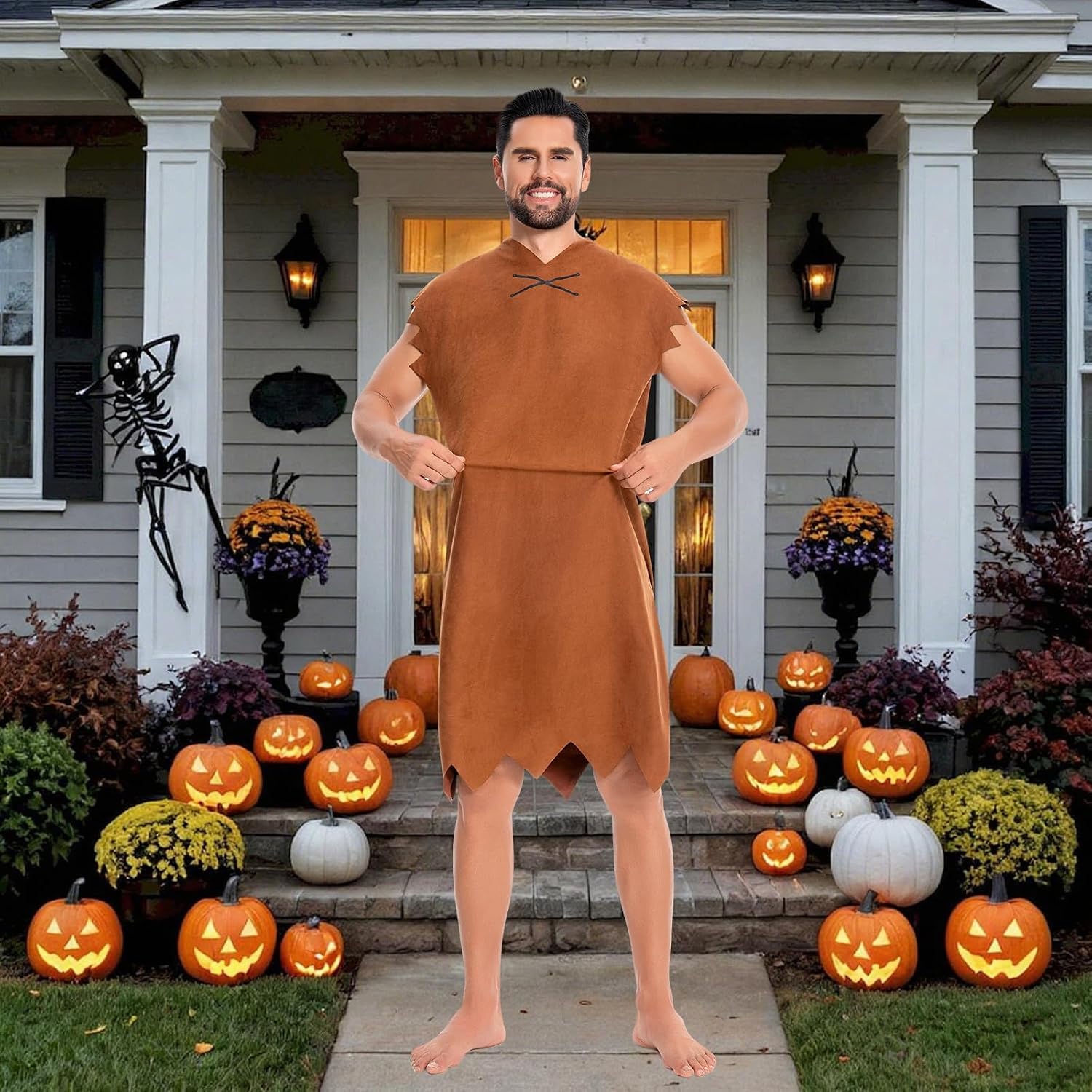 Halloween Cavemen Cosplay Costume for Men Adult Halloween Party Funny Simple Orange Tunic Outfits