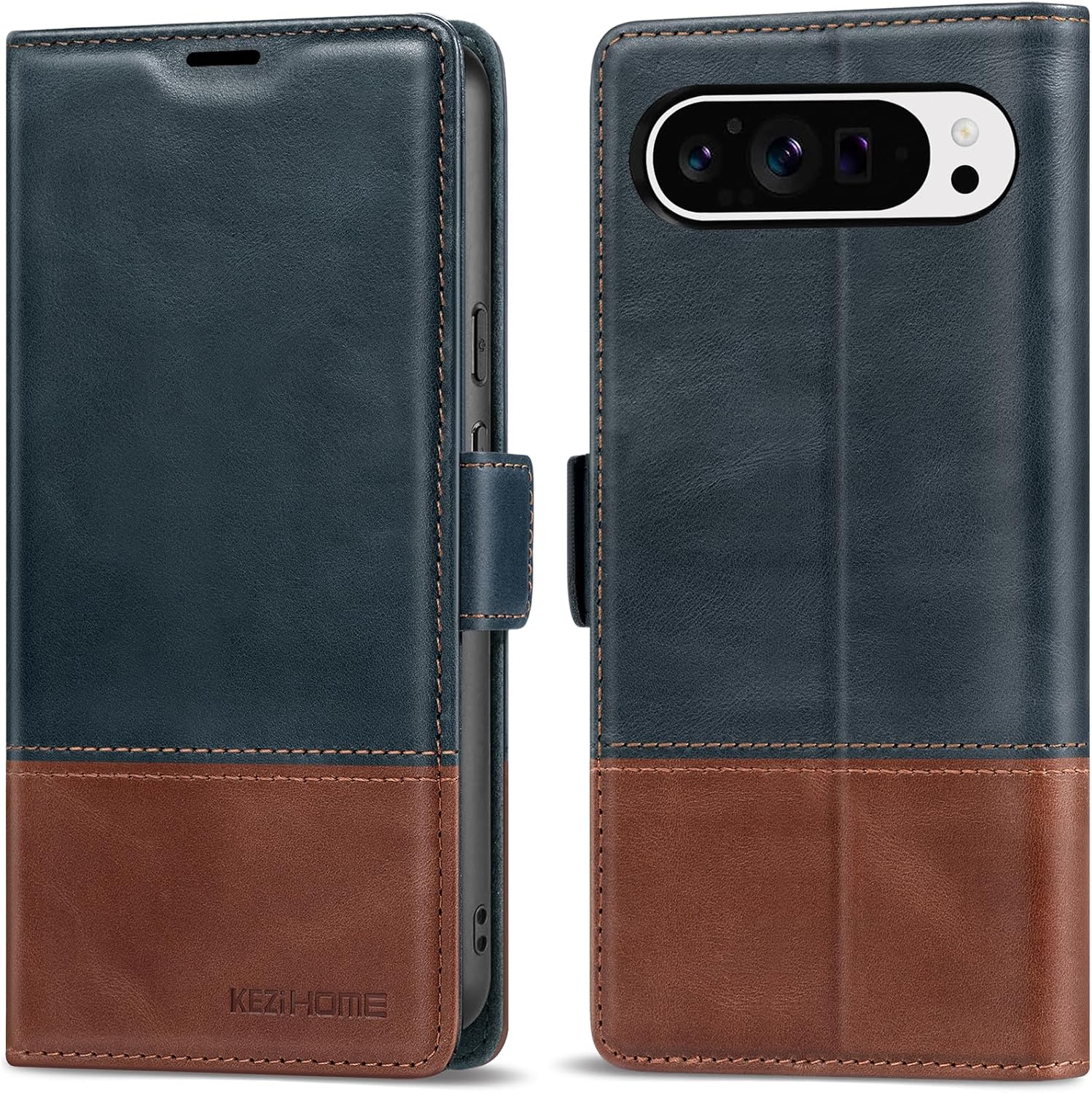 KEZiHOME Case for Google Pixel 9/9 Pro, Genuine Leather [RFID Blocking] Wallet Case with Card Holder Stand Magnetic Flip Protective Phone Cover Compatible with Google Pixel 9/9 Pro 5G(Blue)