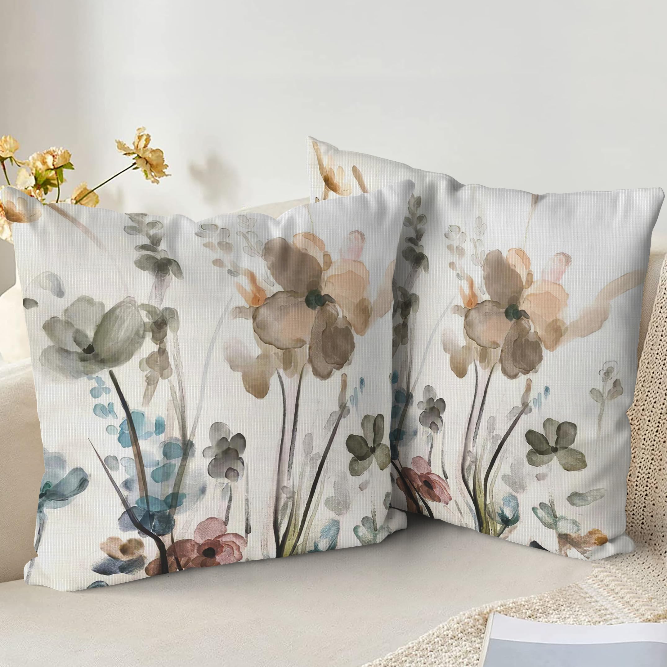 XPHZZL Cushion Cover 2 Pack 65 x 65 cm - Ink Flower Wild Flower Plant Pillow Covers for Sofa Bed Garden Outdoor Spring Decor Flower Plant with Invisible Zipper 26 x 26 Inch