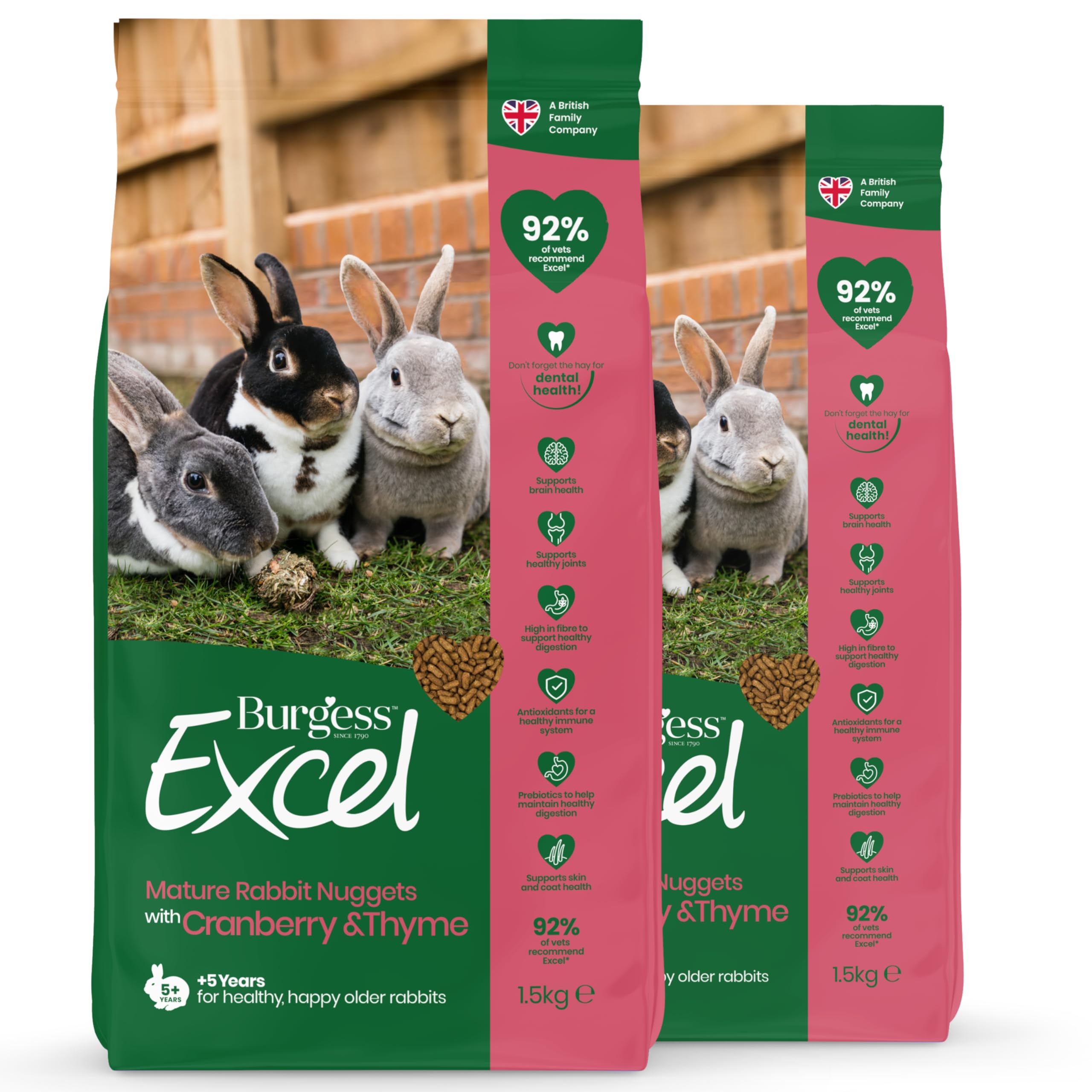 Burgess Excel Mature Rabbit Food with Cranberry & Thyme, 3kg - Senior Rabbit Nuggets - Pellets for Older Rabbits (Pack of 2)