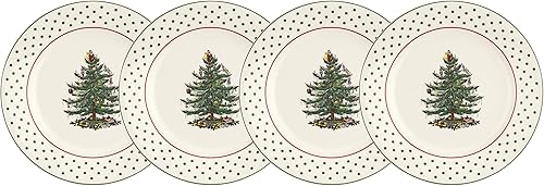 Spode - Plato de postre de árbol de Navidad con lunares (juego de 4) – Platos festivos de cerámica de 8 pulgadas para entretenimiento navideño,