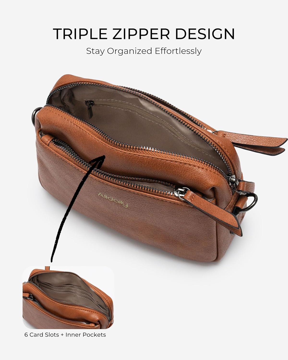 Alldaily Small Triple Zip Crossbody Purse for Women, Vegan Leather Phone Bag with Wide Shoulder Strap
