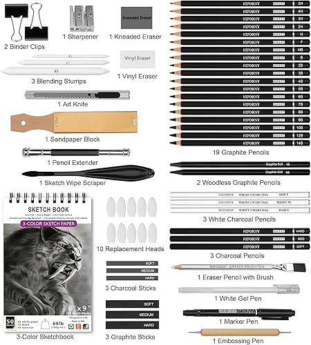 Miniatura 2 de HIFORNY Juego de 60 lápices de dibujo, lápices de bocetos, suministros de arte con cuaderno de bocetos de 3 colores, grafito, carbón, lápices de