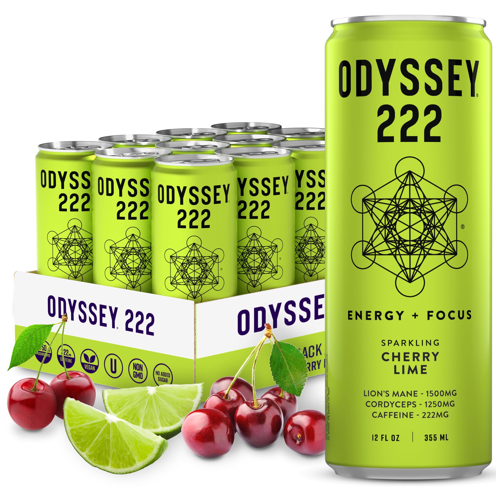 Odyssey 222 Energy Drink, Pre Workout, 222mg Caffeine, Clean Energy Drinks, L Theanine, Lions Mane, Cordyceps & Green Tea for Energy, Focus & Mood Boost, Low Calorie, Cherry Lime, 12 Fl oz, 12 Pack