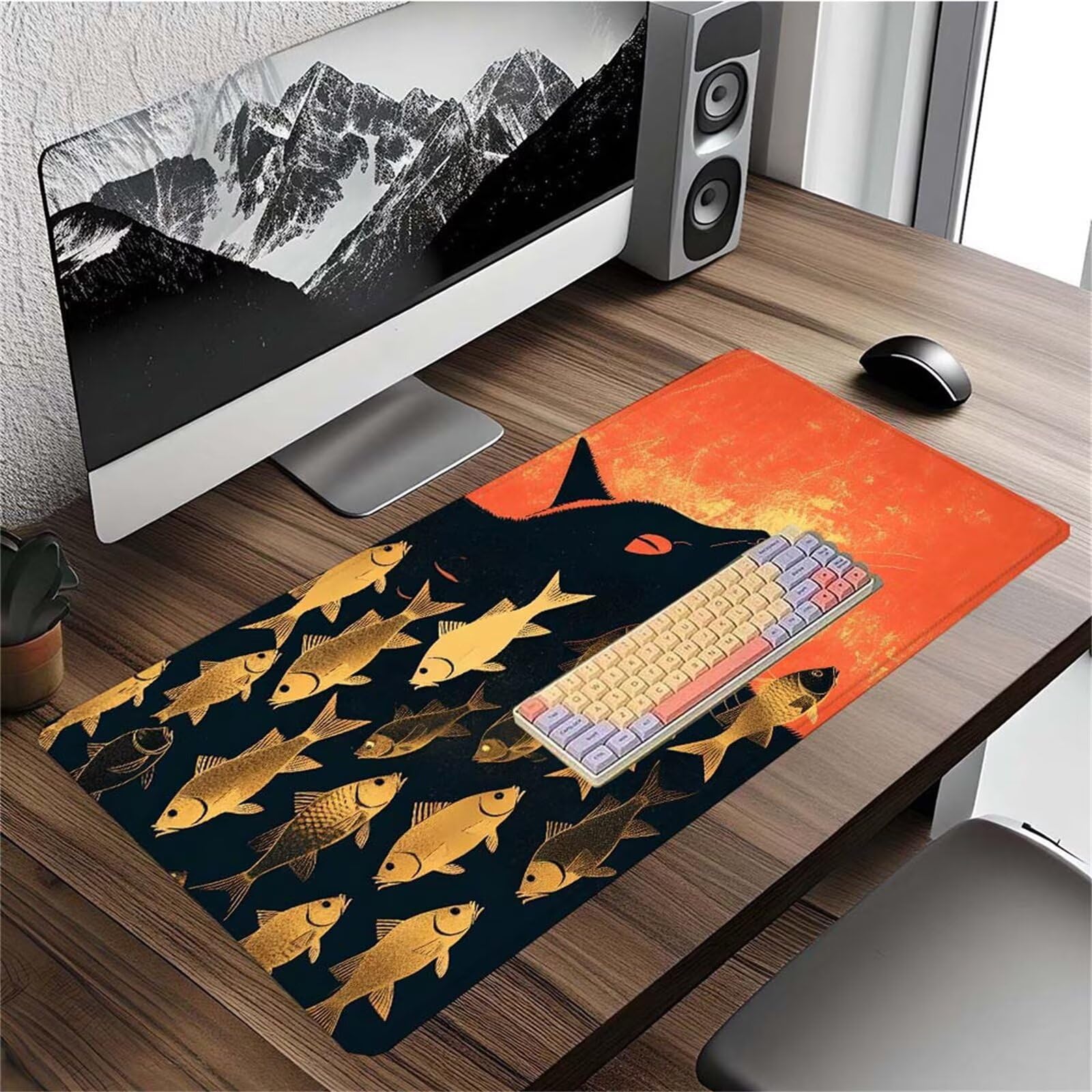 Alfombrilla Ratón Gato Pez Alfombrilla Ratón XXL 1400x600x3mm Mouse Pad Resiste Salpicaduras, Extendida de Gran Tamaño con Bordes Cosidos, Mejora Precisión y Velocidad, Antideslizante, Duradera y-351