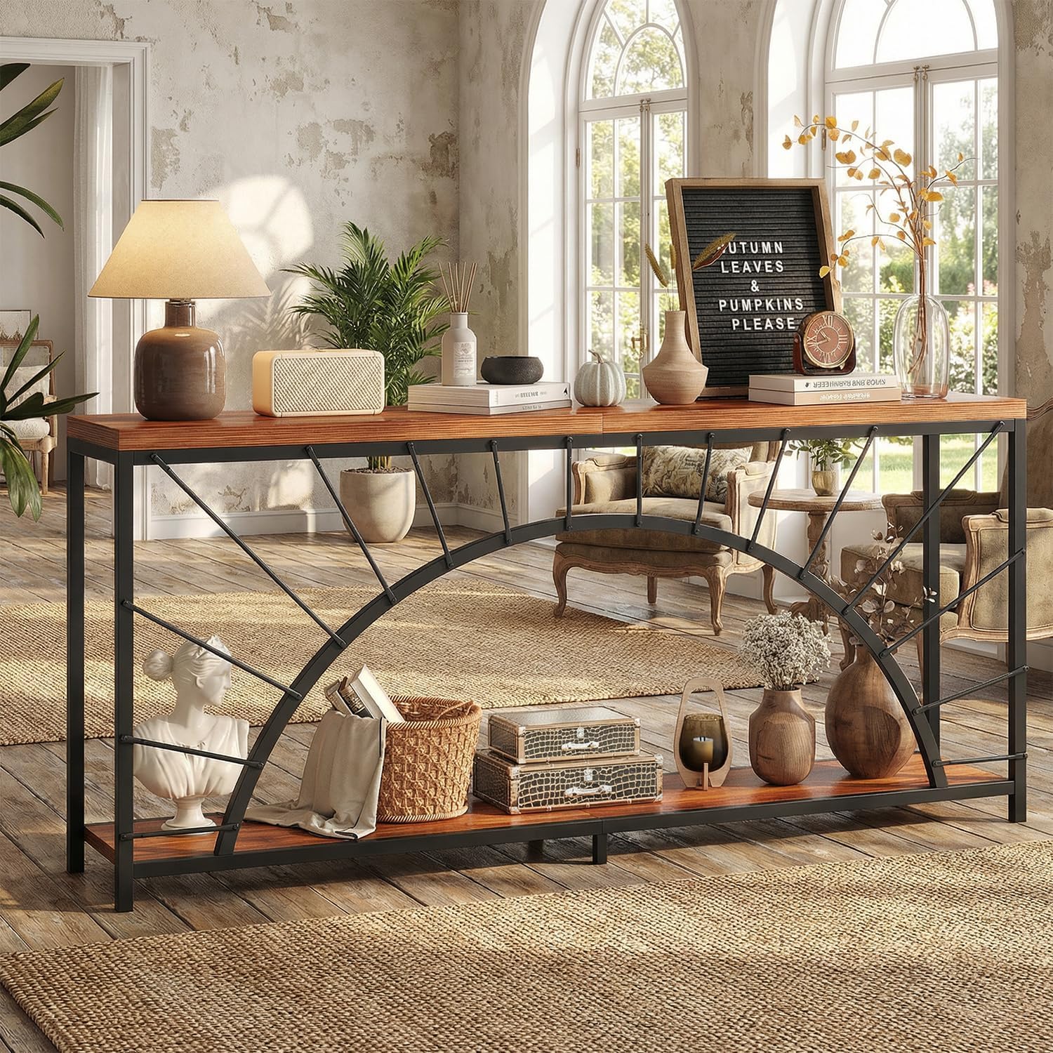 70.9" Industrial Console Table, Extra Long Sofa Table with 2-Tier Storage, Two-Sided Artistic Design Entryway Table for Behind Couch, Hallway, Foyer, Living Room in Rustic Brown