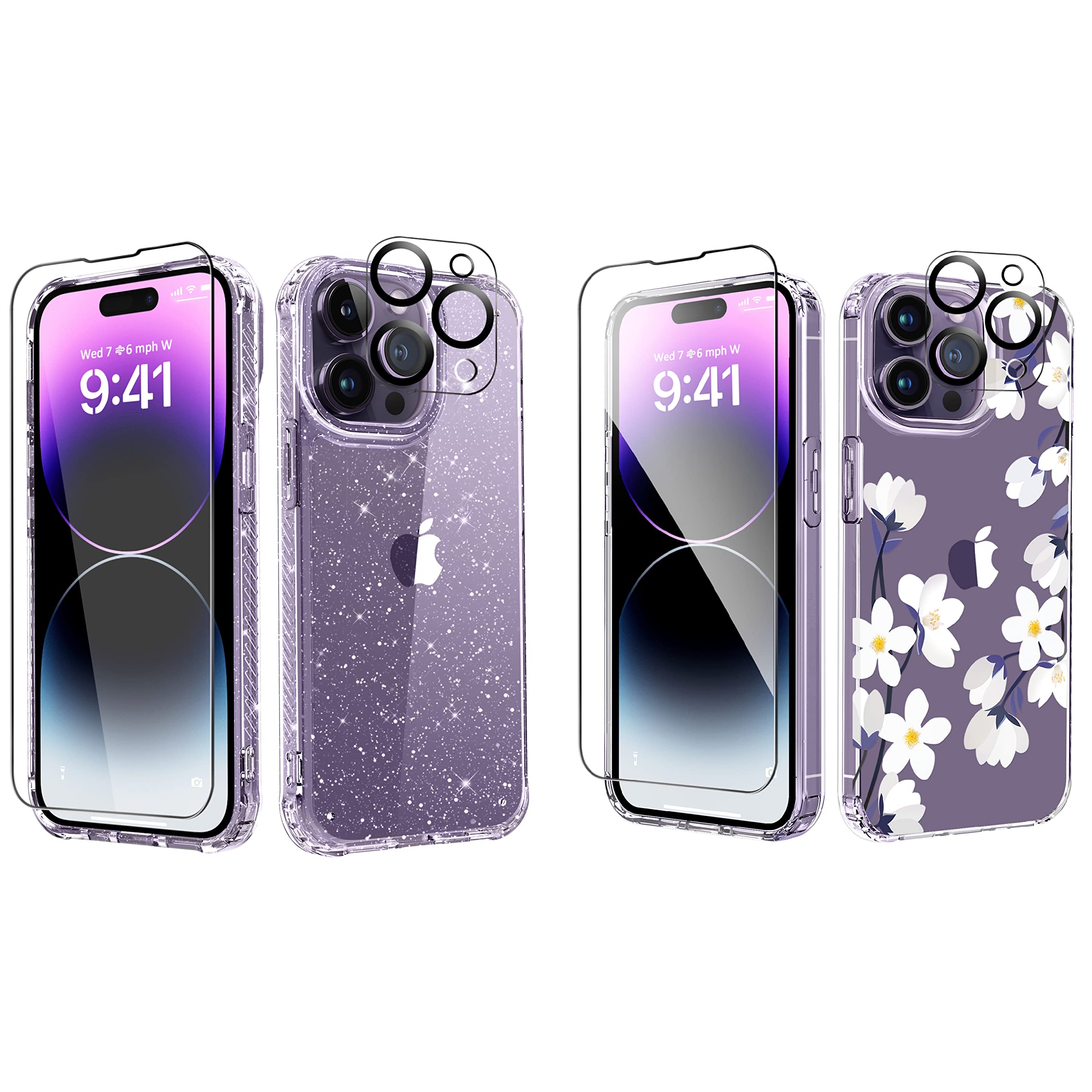 MIODIK Bundle - Compatible with iPhone 14 Pro Clear Glitter Case (Twinkle Clear) + iPhone 14 Pro Clear Floral Case (Alyssum/White) (2 Items Bundle)
