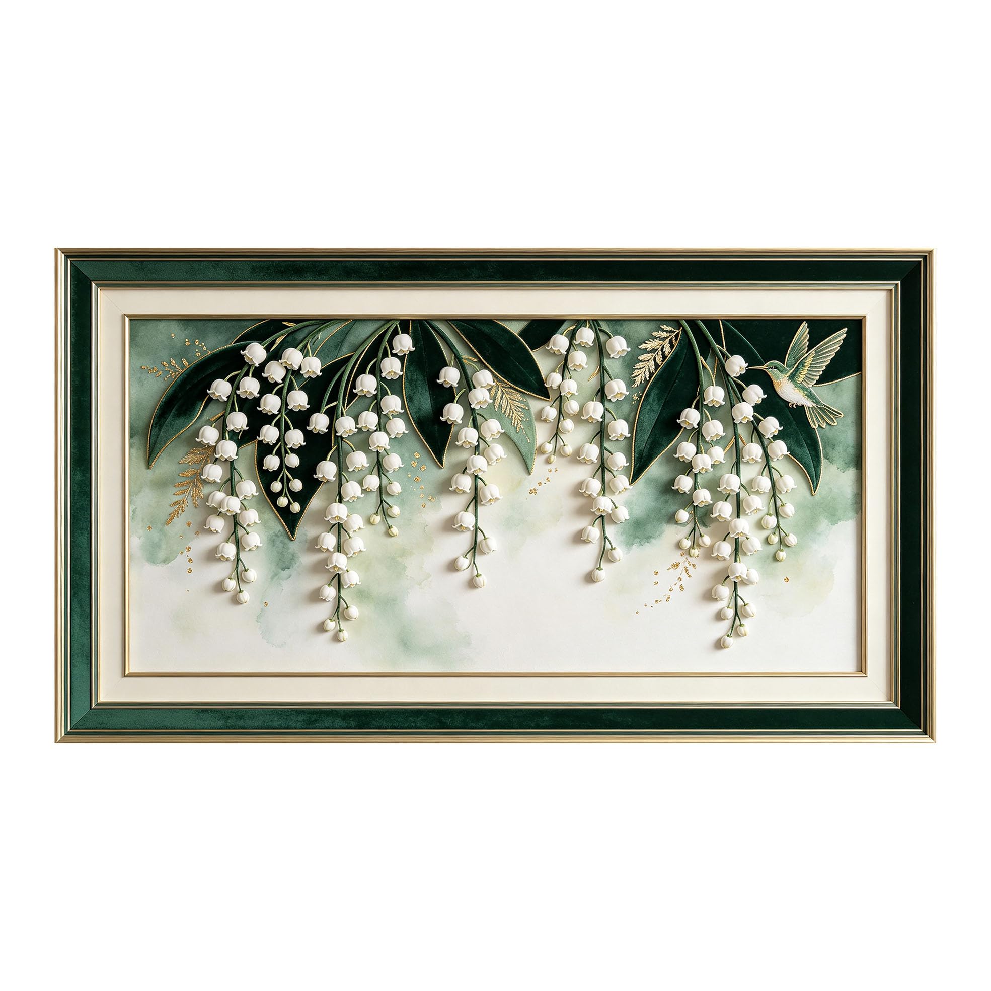 Murasolite 3D Framed Wall Art Lily of the Valley Floral Botanical Watercolor SelfAdhesive Fabric Mural Wall Decor， Peel and Stick No Damage to Wall， AntiFall Safe Design for Bedroom Living Room