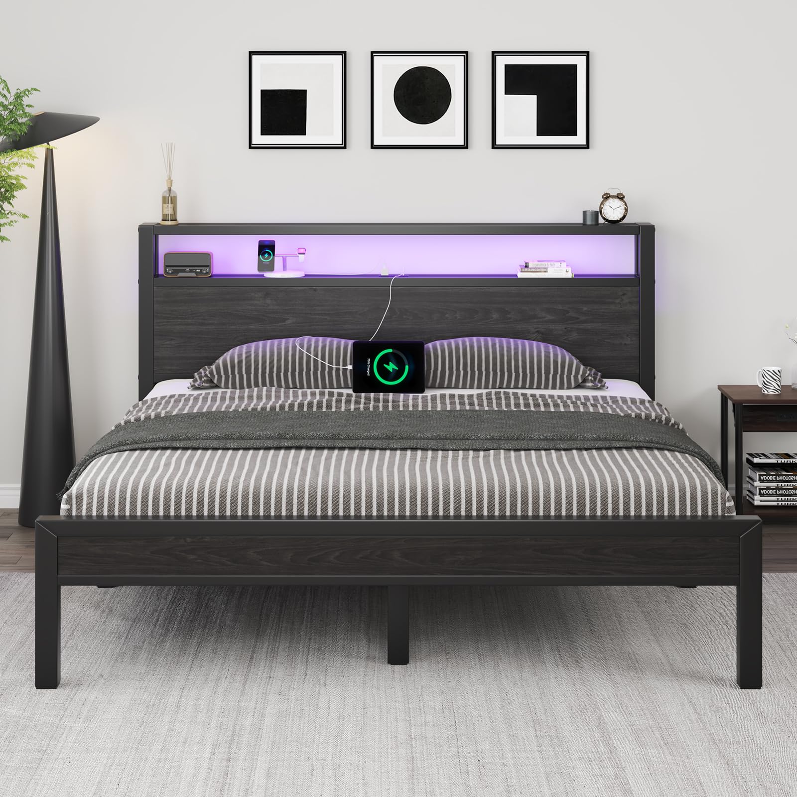 Full Size Bed Frame with Storage Headboard Industrial Platform Bed with Charging Station and LED Lights Heavy Duty