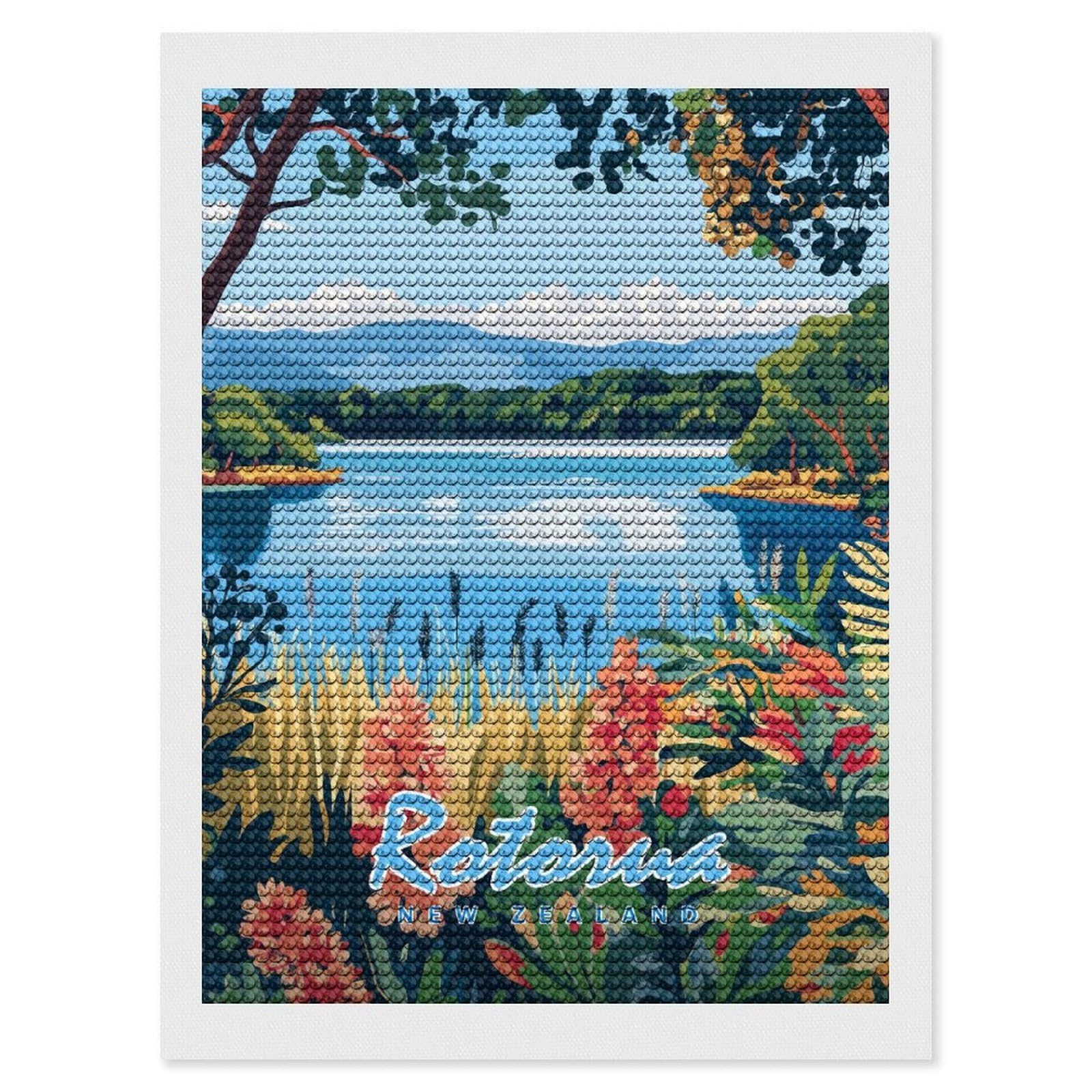Junmoney Rotorua, New Zealand Landscape(2) Diamond Painting Set 12"x16", for Adults, Decorate Your Room, Thoughtful Handmade Gift, Boho Decor, with Tool Kit