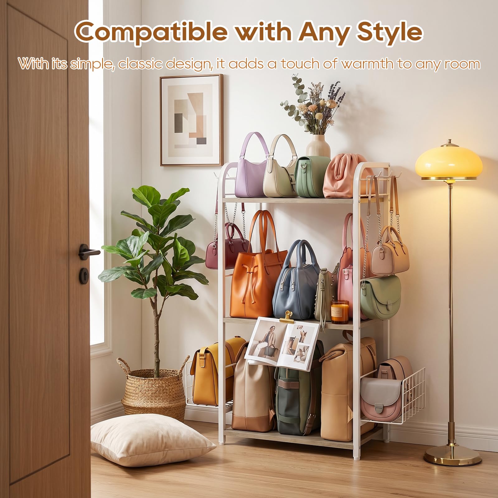 Organizzatore Borse a 3 Ripiani, Organizer per Armadio per Borse Firmate e Pochette con Paratie Laterali e Ganci, Organizzatore Multifunzionale per Armadio e Camera da Letto (Bianco)