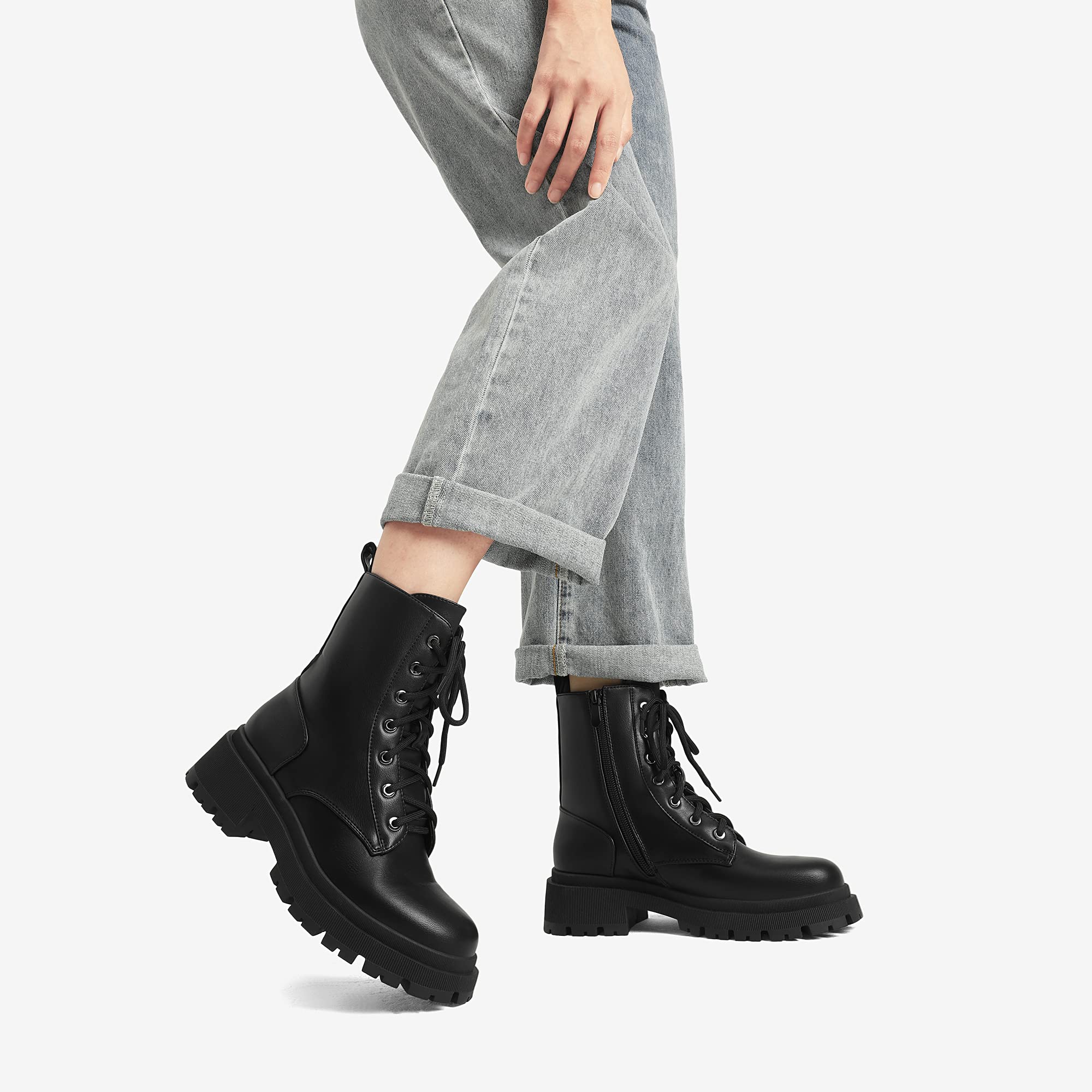 DREAM PAIRS Stivali Anfibi Donna Cerniera con Lacci Silhouette Comoda Chiusura Lampo Fodera Calda Suola Interna