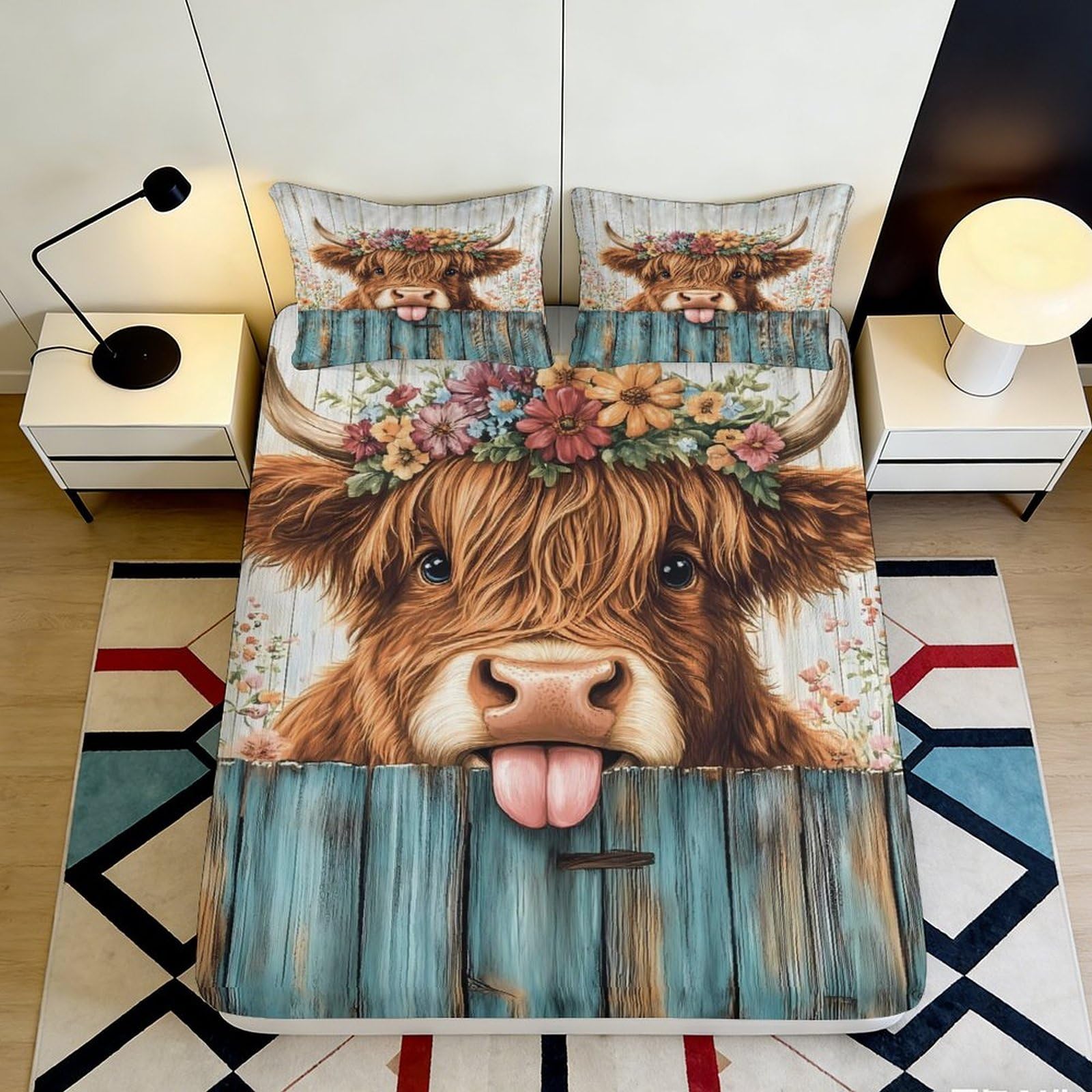 3D Printed Highland Cow Fitted Sheet Microfiber Soft Breathable Floral Bull Bed Cover for Bedroom Dormitory Guest Room Mattress Protection Decor 180x200x25cm