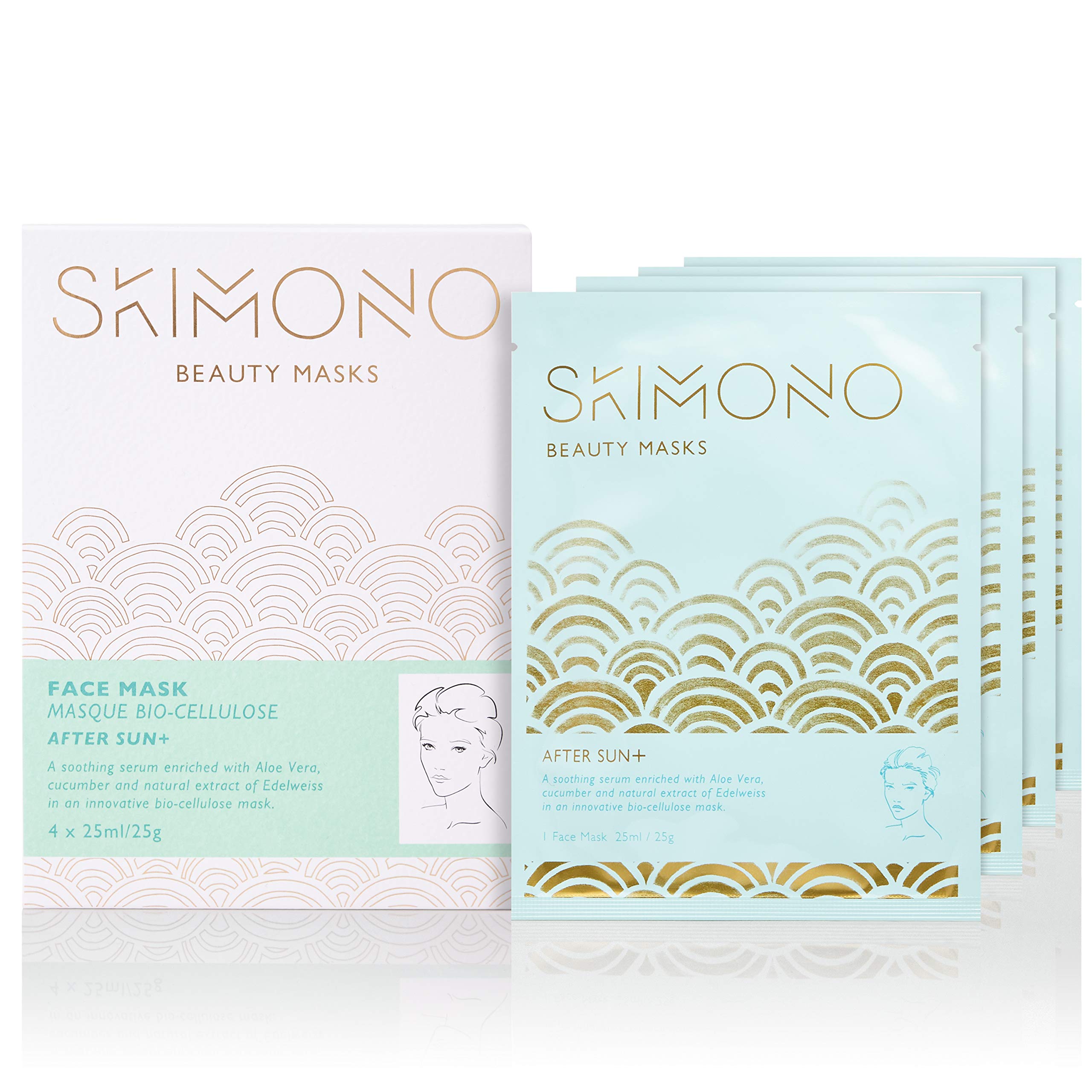 Skimono After Sun Moisturising Face Mask (4 Pack) Bio-Cellulose Cooling Face Mask with Aloe Vera, Hydrating Sheet Mask for Sun Recovery