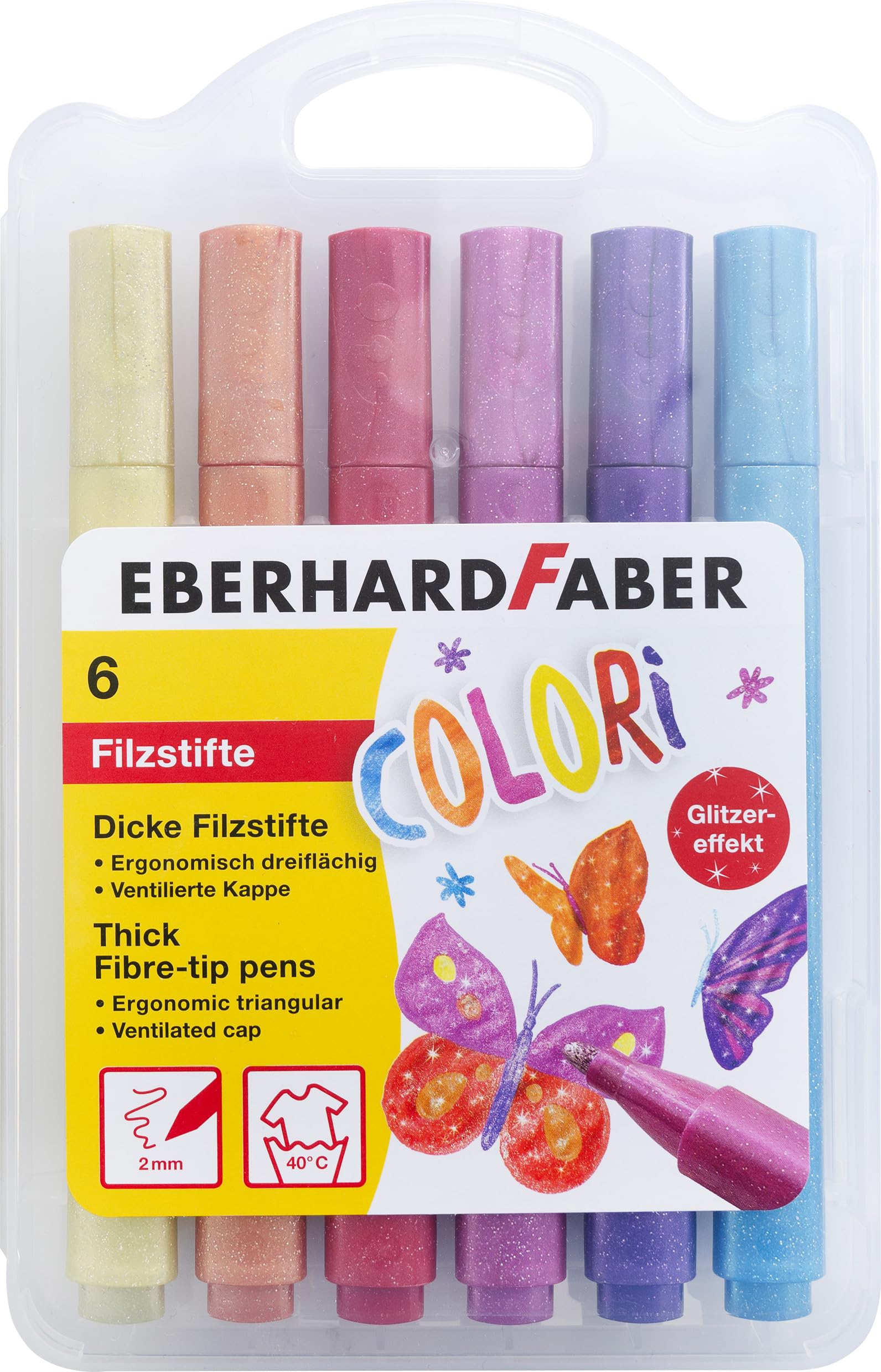 Eberhard Faber 551214 Felt Tip Pen Set Glitter, 6 Thick Colouring Pens in Plastic Case, Line Width 2 mm