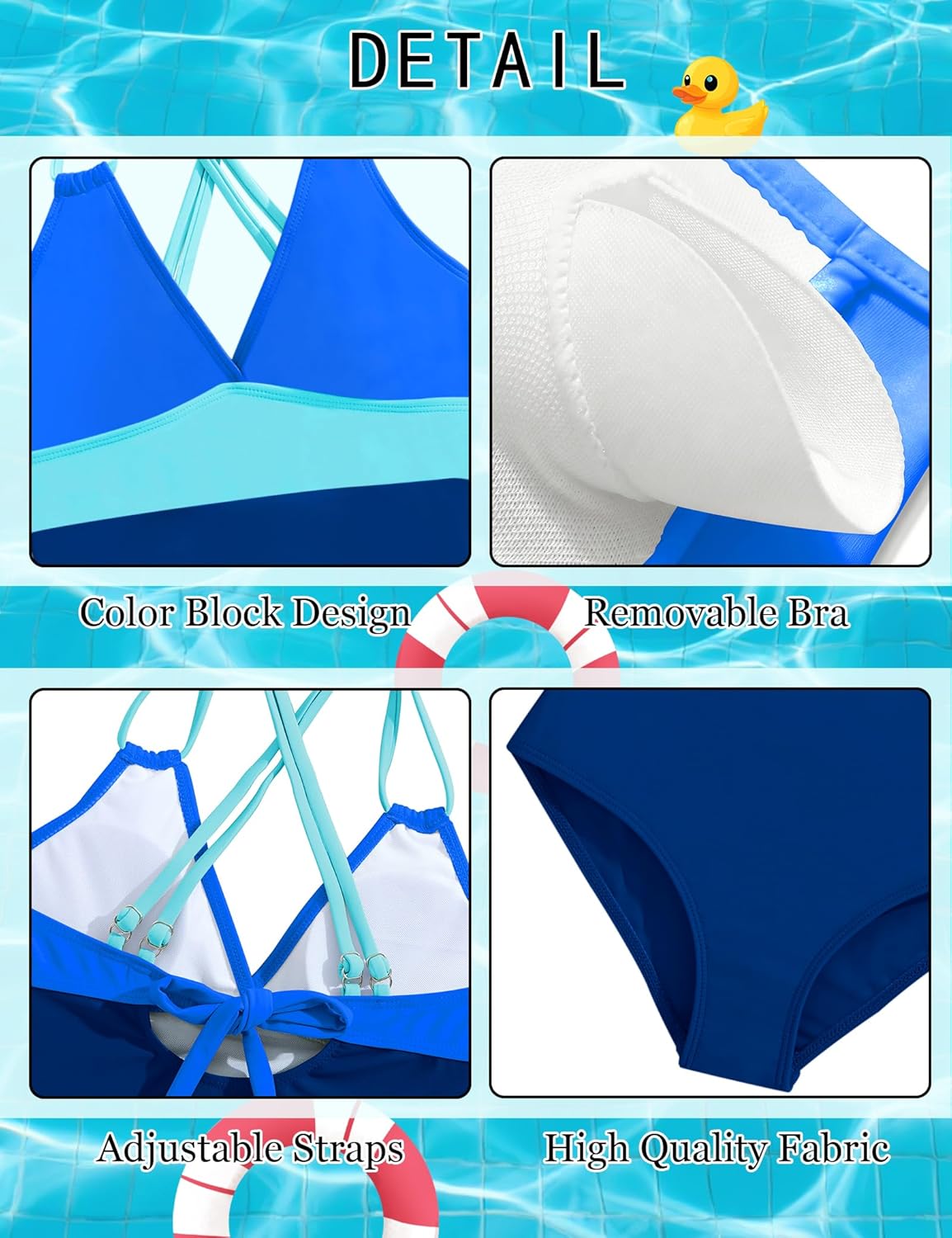 Girls Swimsiut One-Piece Bathing Suit Adjustable Straps Color Block Swimwear Summer Beach Wear Size 7-16 - Image 6