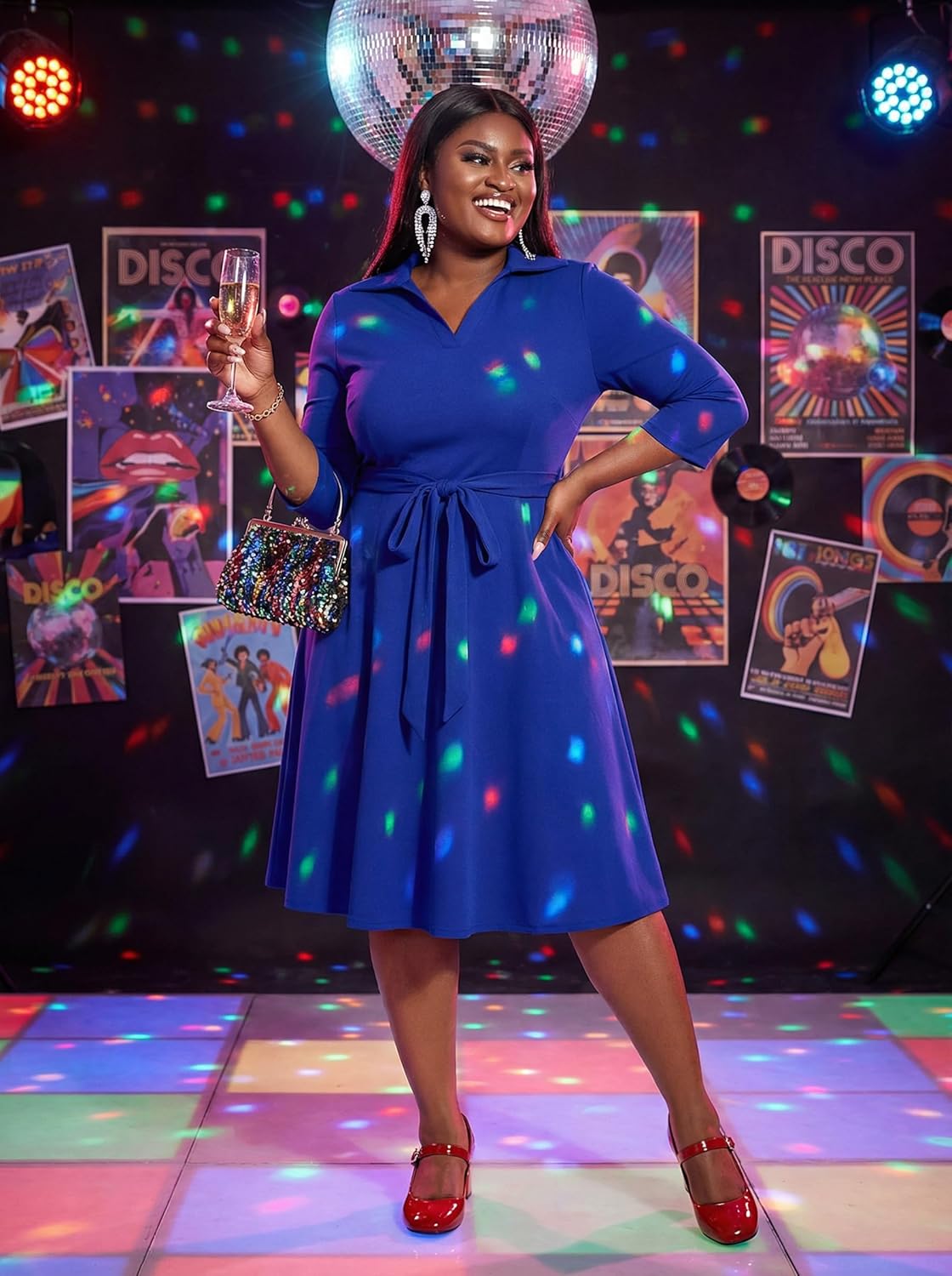 FANDEE Plus Size Midi Dress for Women - Printing Summer Dresses for Wedding Guest Cocktail Party 3/4 Sleeve V Neck(L-5XL) - Image 8