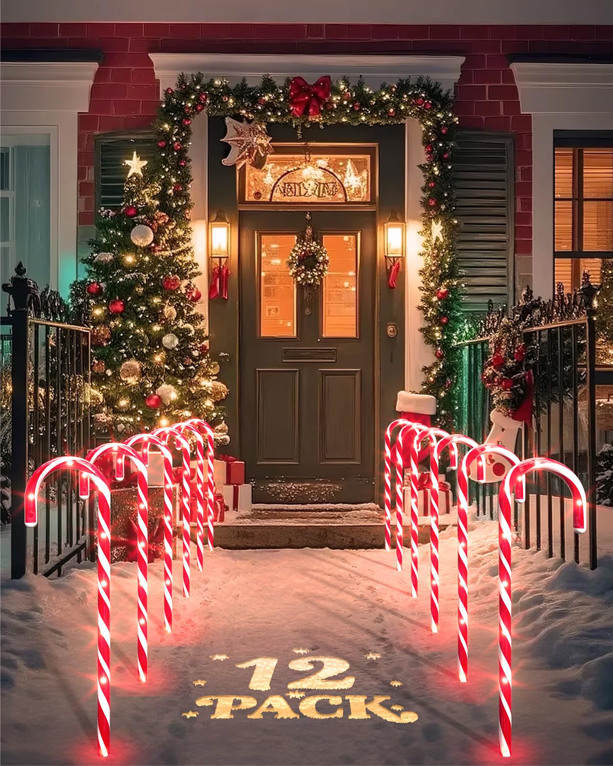 COOLWUFAN 12 Pack Christmas Candy Cane Pathway Markers, 17'' Christmas Outdoor Decorations Pathway Lights with 60 Warm Lights for Indoor and Outdoor Xmas Holiday Party Patio Yard Decor