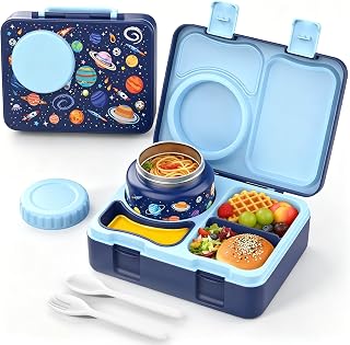 Kids Lunch Box with Thermo, Leakproof Bento Box for Kids with 8OZ Insulated Food Jar, Ice Pack, Sauce Cup, Utensils, Removable Tray & Dividers for School Daycare Travel (Space)