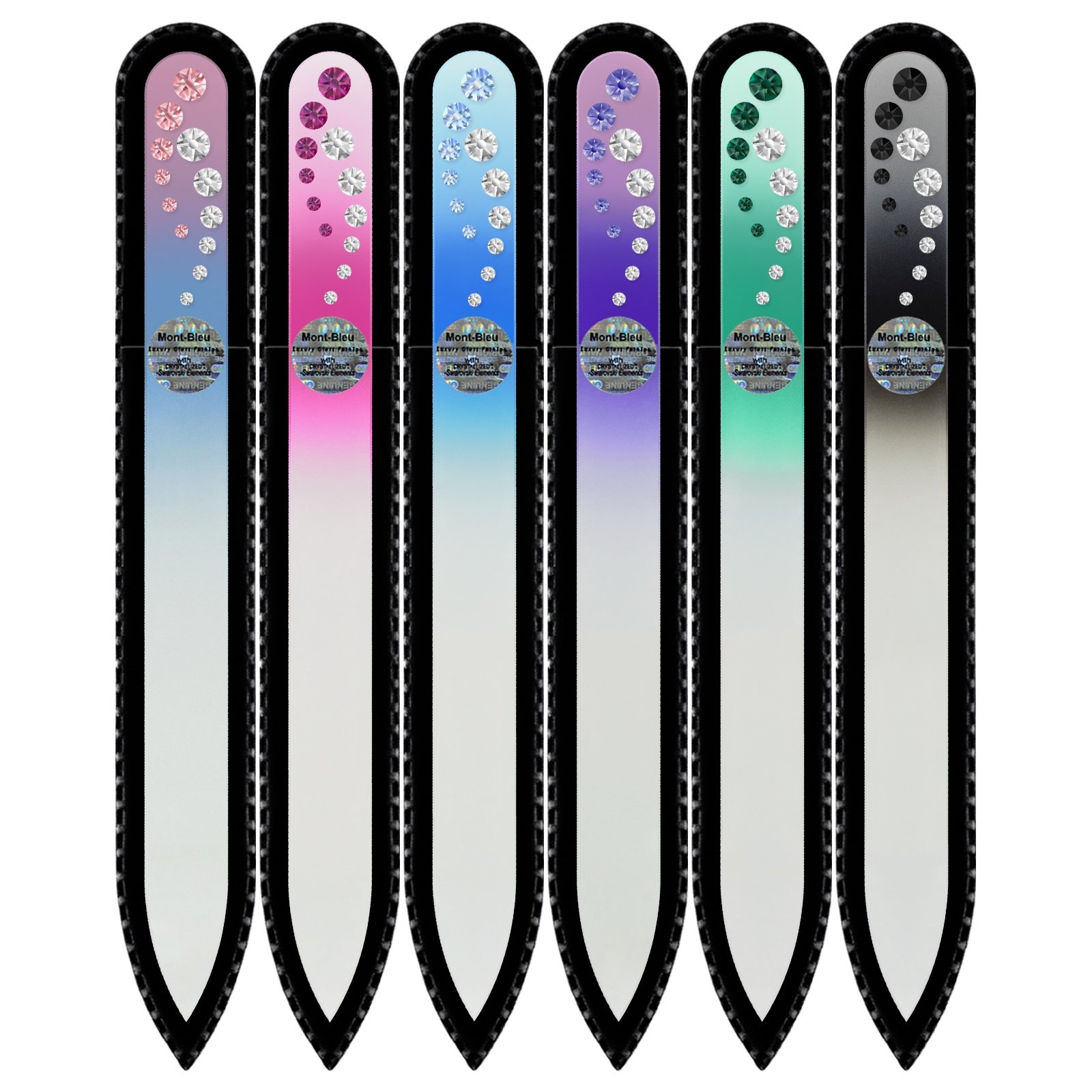 Mont Bleu Gift Set of 5 + 1 Free Glass Nail Files Hand Decorated with Crystals - Gifts for Friends - Czech Tempered Glass - Excellent Nail Filing Tools - Gifts - Crystal Nail File M1-6