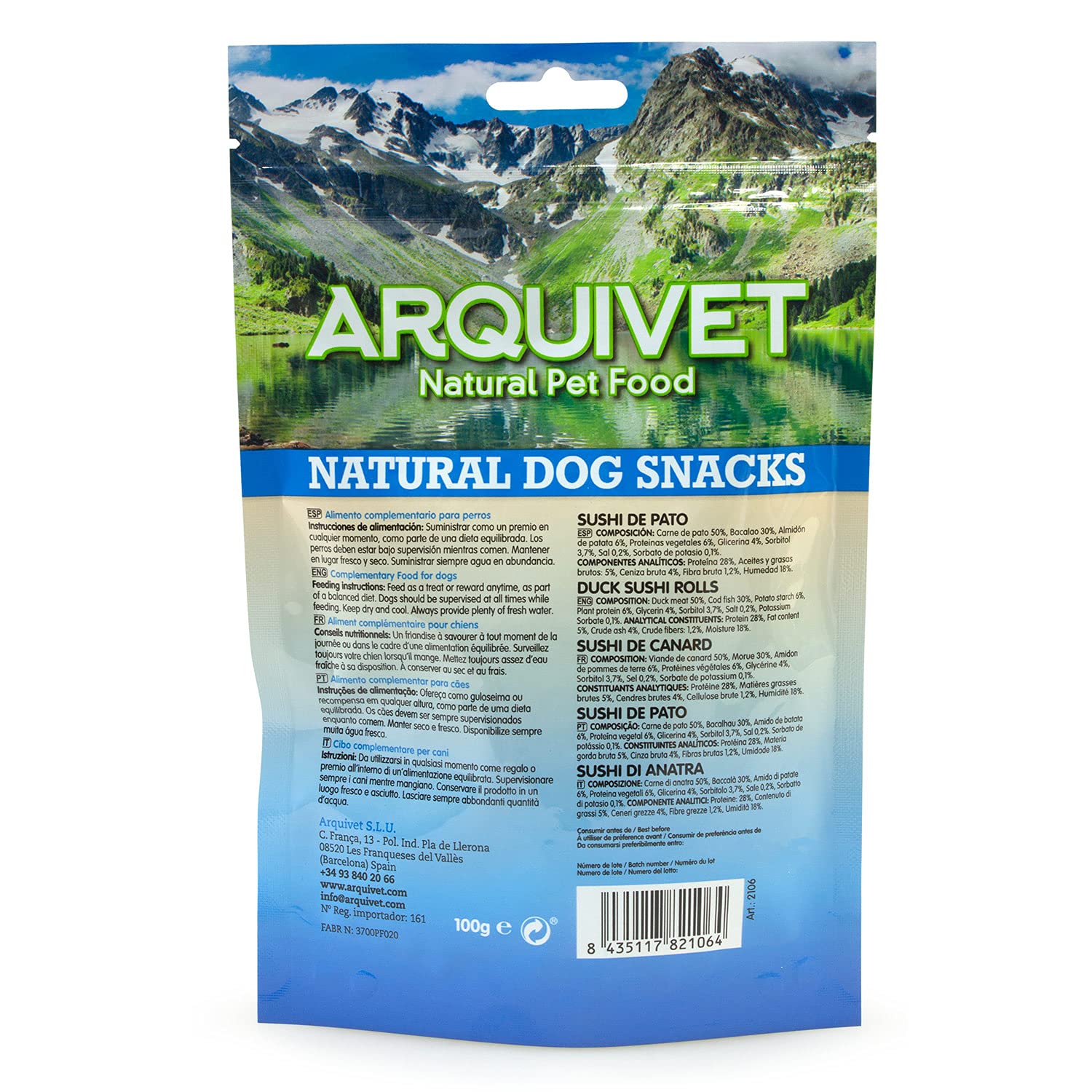 ARQUIVET Lot de 12 unités Snack Sushi au Canard 100 g - Natural Dog Snacks - 100% Naturel - Friandises, friandises pour Chiens - Produit Light - Très Riche en nutriments