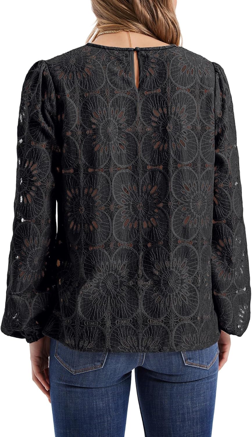 OFEEFAN Blouses for Women Dressy Casual Spring Tops 2026 Summer Outfits Flower Lace Crochet Long Sleeve Shirts - Image 4