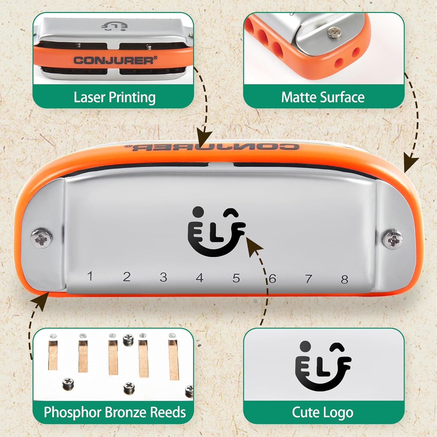 CONJURER 8 Hole Blues Harmonica for Students Adult, C Key Diatonic Harmonica Mouth Organ for Beginners Professionals, with Exquisite Case, Musical Instrument, as a Gift, Orange