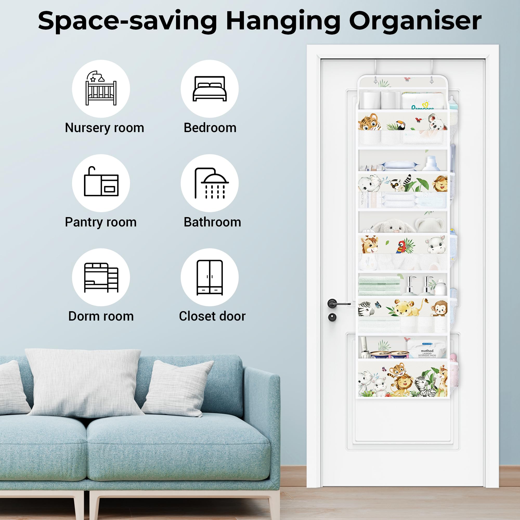 Clastyle Étagère Suspendue sur Porte de Animaux Gris à 5 Compartiments, Rangement Suspendu pour Jouets Couches Vêtements pour Enfants, Rangement Porte à Suspendre pour Chambre Salle de Bain Pantry