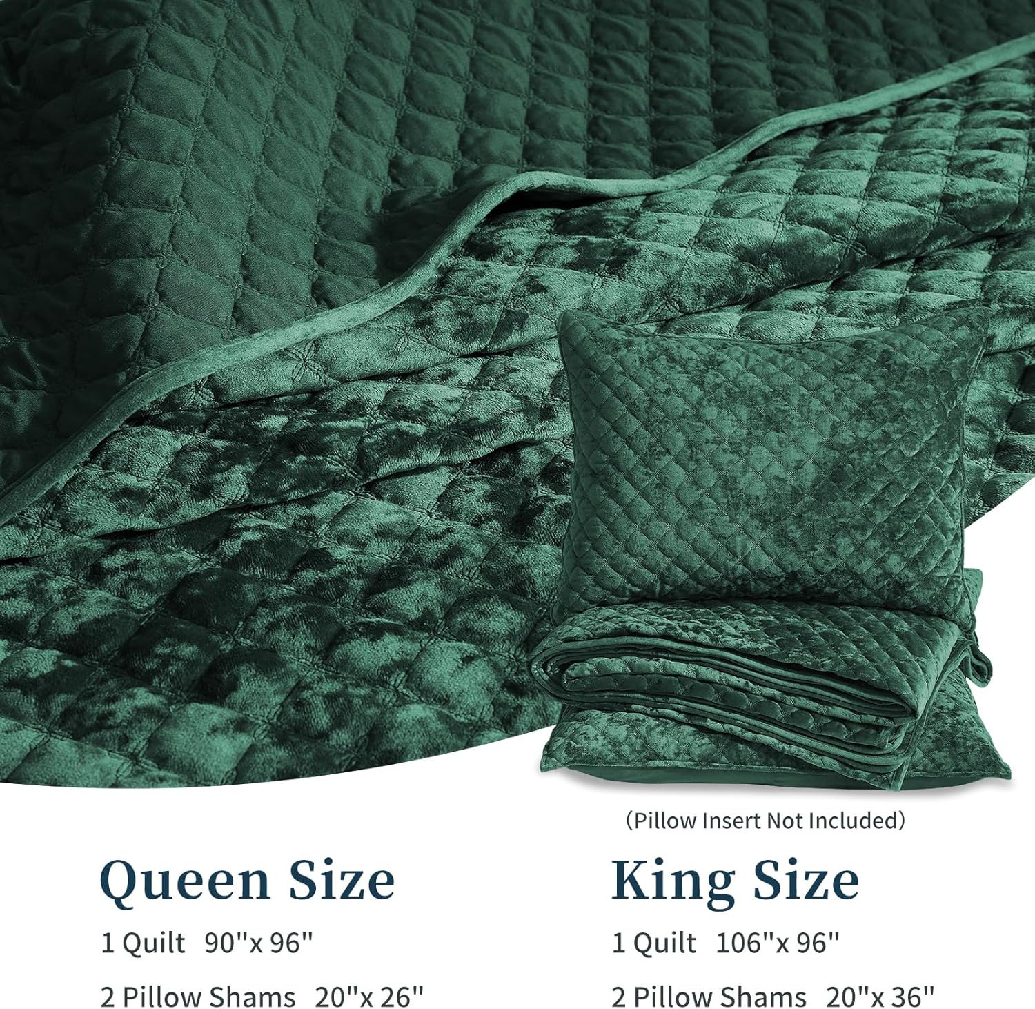 Luxury Soft Velvet Quilt Set King Size - Lightweight Velvet Bedding Set for All Season, Oversized Bedspread Coverlet Comforter Set with 2 Pillow Shams, Forest Green, Diamond - Image 5