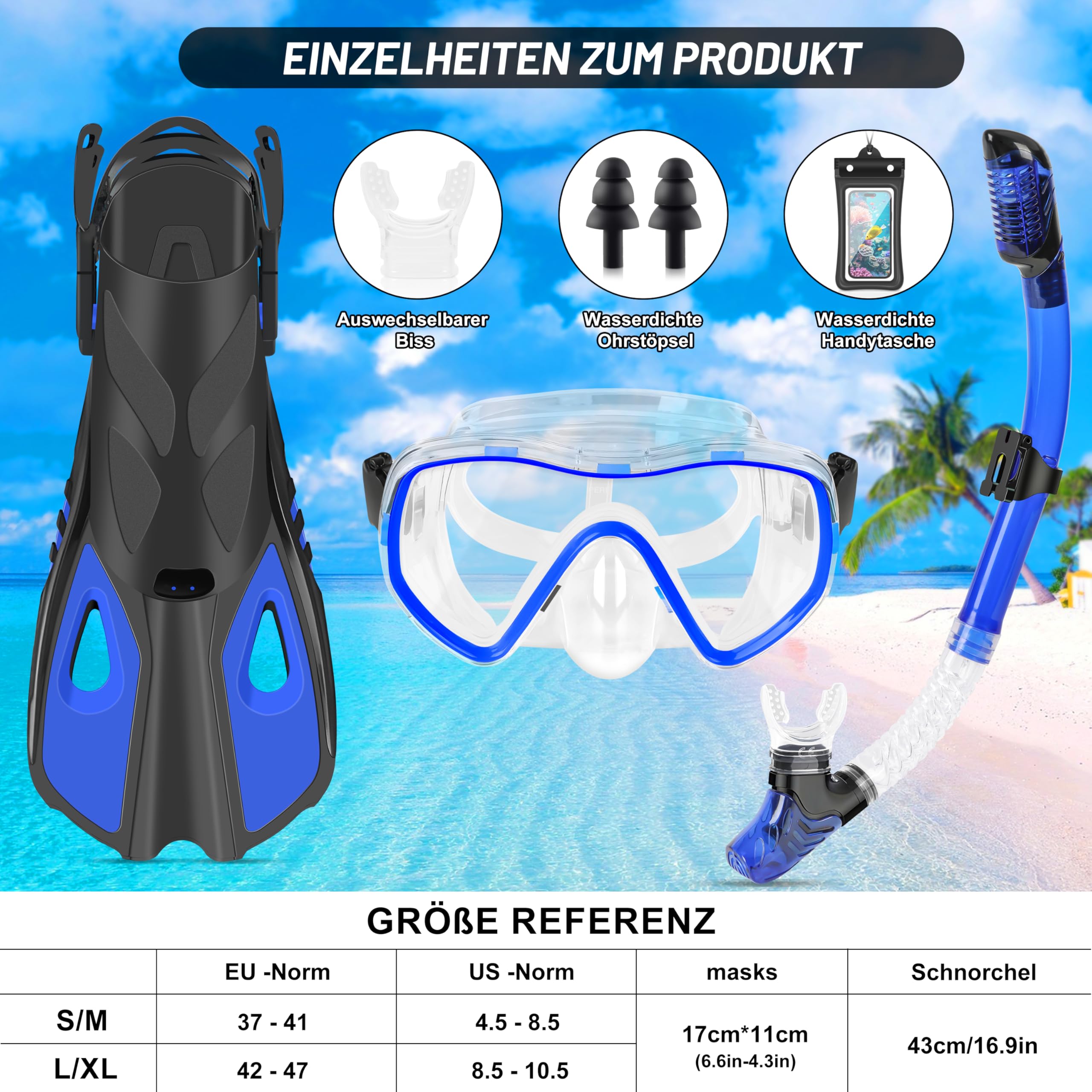 IEEILULU zestaw do snorkelingu dla dorosłych, 7-częściowy sprzęt do snorkelingu z goglami do nurkowania, płetwami, suchą fajką do nurkowania (Blue, S/M)