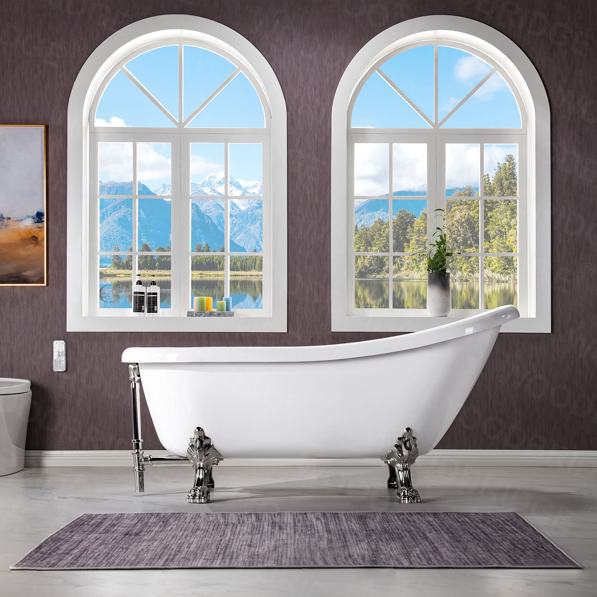 WOODBRIDGE 67" Heavy Duty Acrylic Slipper Clawfoot Bath Tub with Brushed Nickel Feet + Brushed Nickel Drain &Overflow