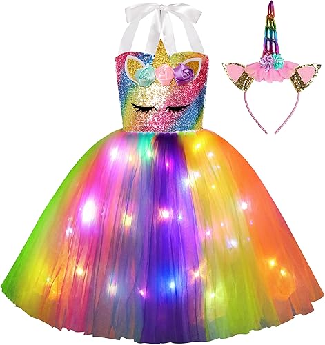 Vestido de unicornio para niñas, disfraz de unicornio con luz LED para disfrazarse, Halloween, fiesta de cumpleaños, decoración de unicornio