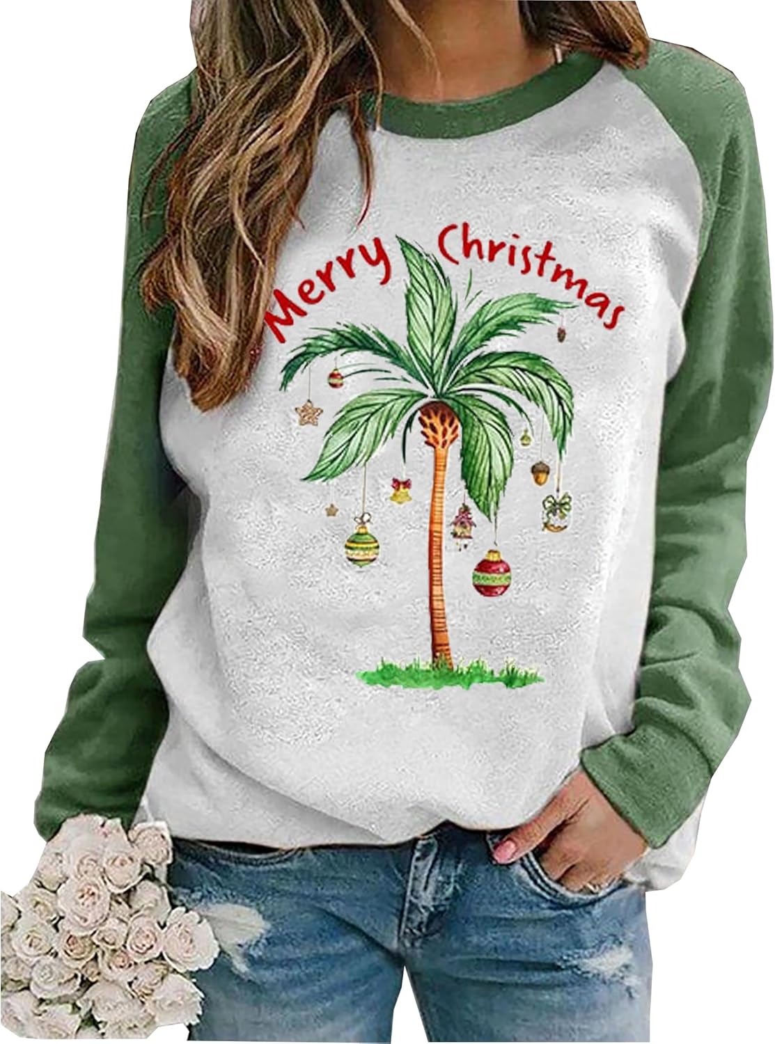 Merry Chrismas Plam Tree Sweatshirt Women Hawaii Beach Holiday Shirt Funny Chrismas Graphic Long Sleeve Pullover Tops