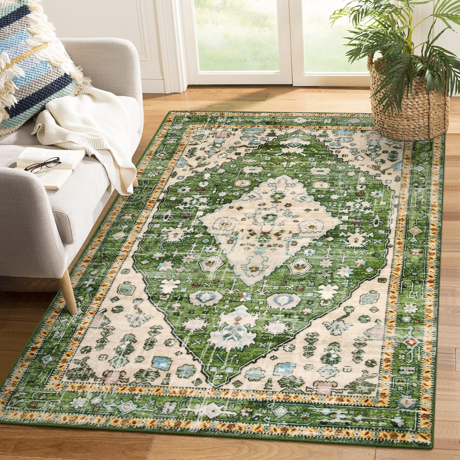 Lahome Boho Tribal Area Rug 4x6 Green Machine Washable Bedroom Rugs for Living Room