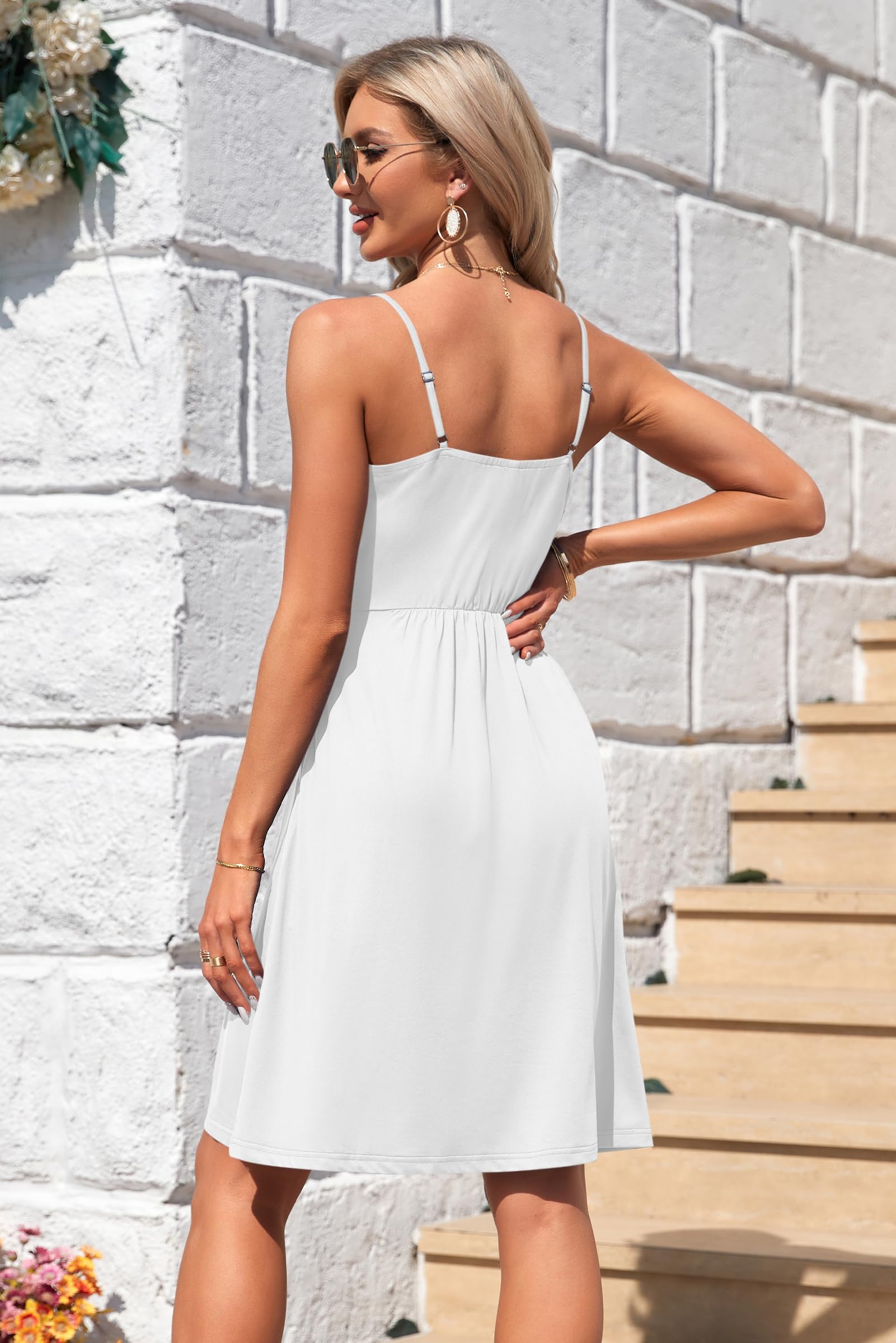 AUSELILY Robe élégante D'été Femme Bretelles sans Manches Robes Décontractée Courte Col en V avec Poches