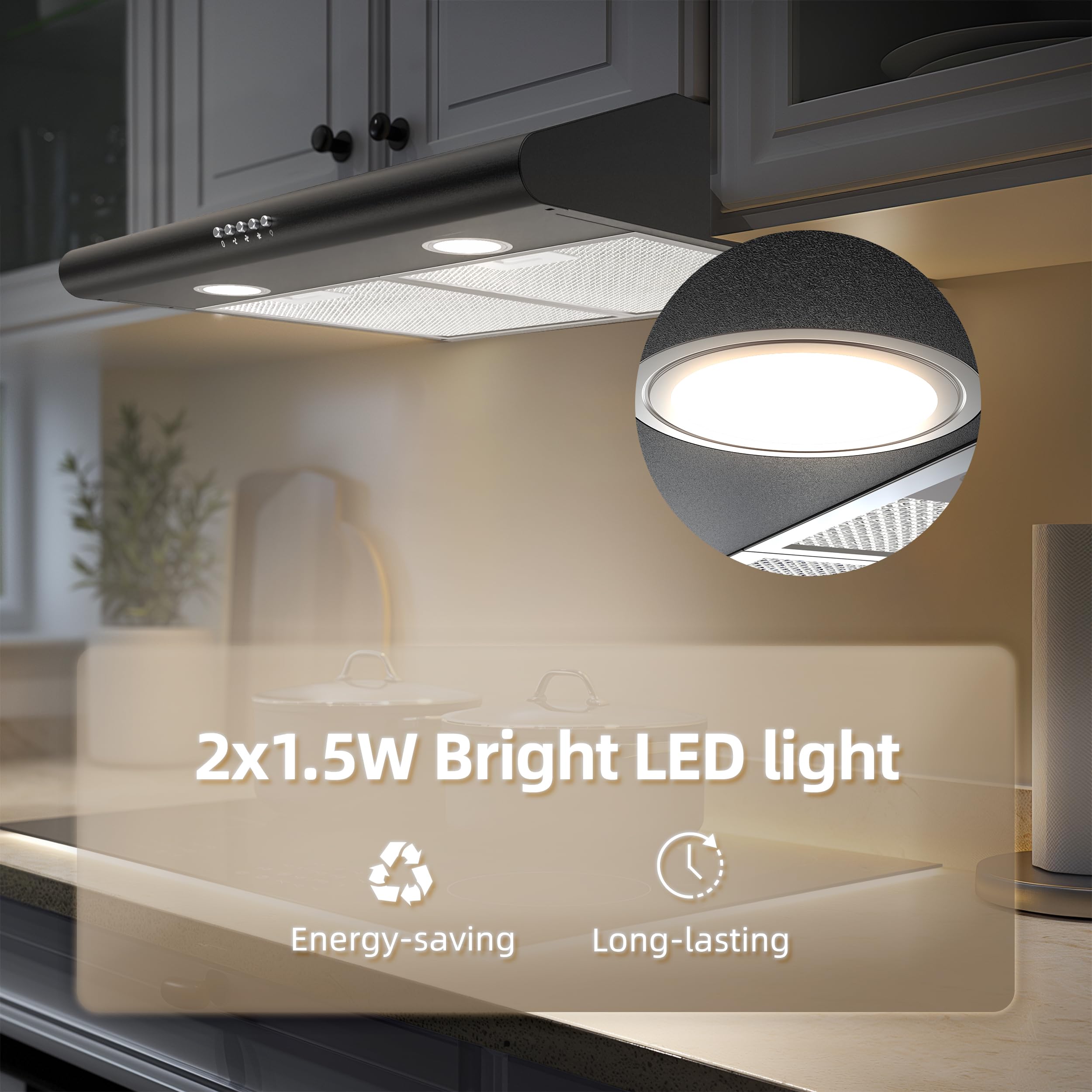 FIREGAS Cappa da incasso 60 cm, cappa aspirante con motore DC senza spazzole, possibile aria, 3 livelli di ventilazione, illuminazione a LED, colore nero