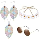 4 Pieces Hippie Costume Set Include Sunglasses, Headband, Hollow Leaves Necklace and Earring 70s Hippie Accessories