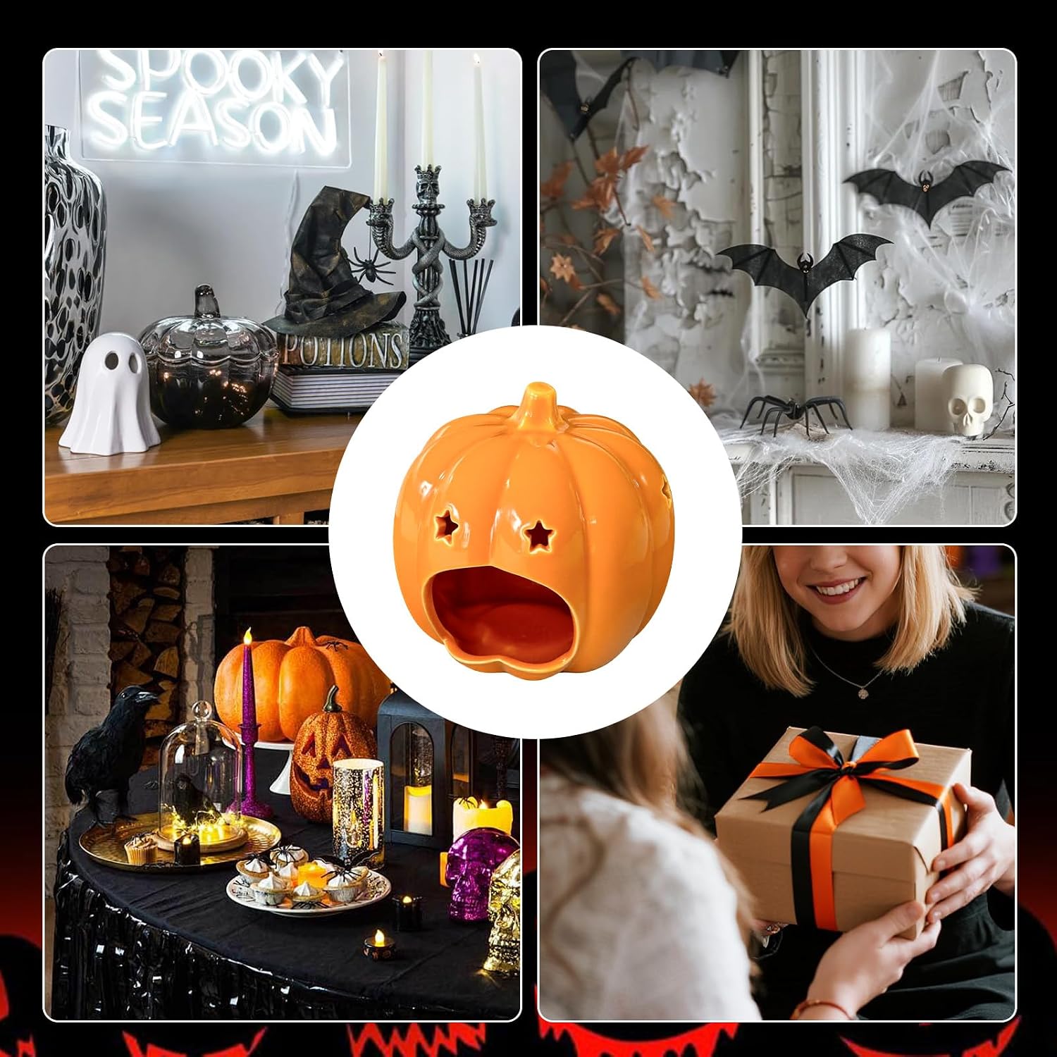 Halloween Ceramic Candle Holder Decorations Pumpkin Candle Holder Halloween Tabletop Decorative for Home Office Table Centerpiece, Cute Pumpkin Tealight Candlestick