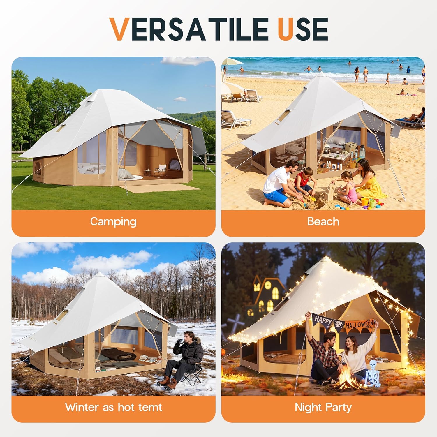 SPECRAFT Canvas Bell Yurt Tents & Inflatable Tent for Camping, Waterproof Glamping Tent with Stove Jack, Breathable Mesh, Snowproofing Spacious 4-Season Family Shelter for Outdoor, Camping, Parties