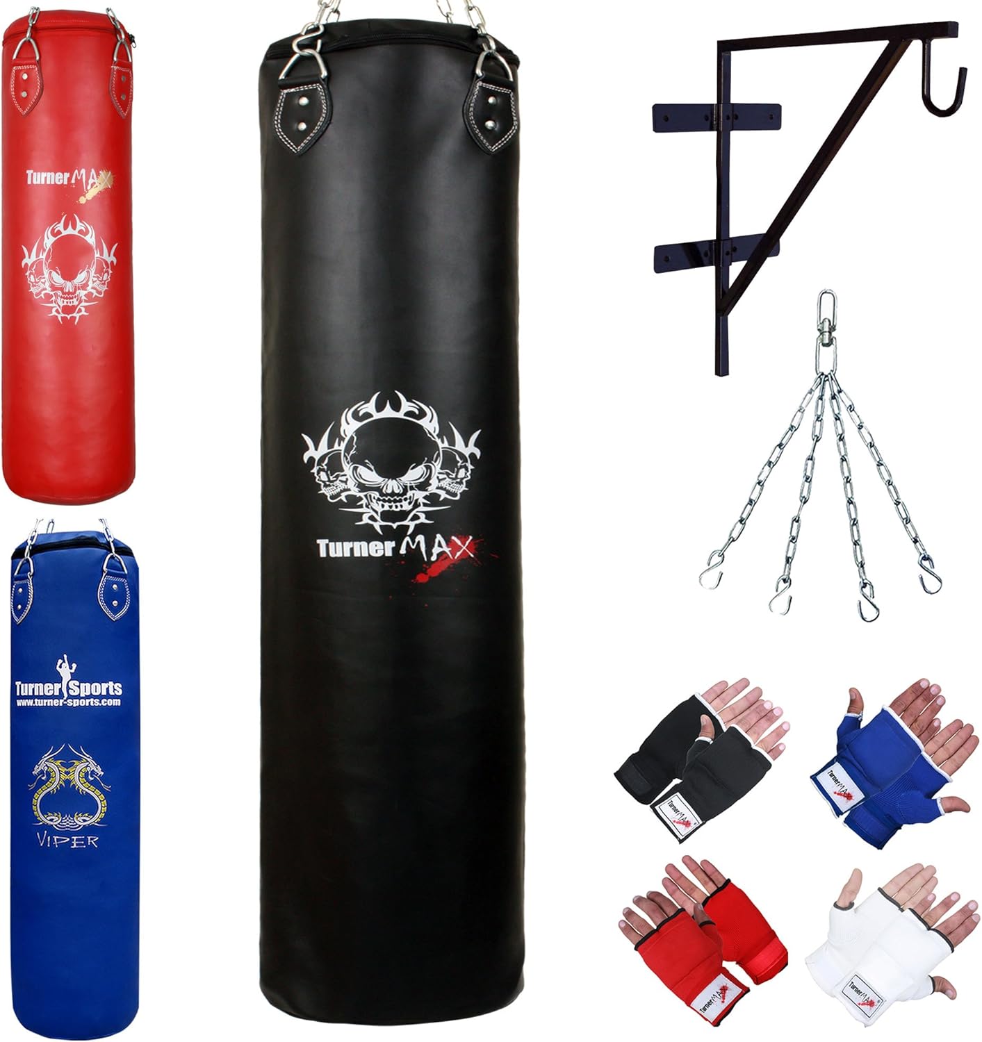 TurnerMAX Professional Punch Bag Boxing Set Bag Gloves Chain Heavy Duty Wall Bracket