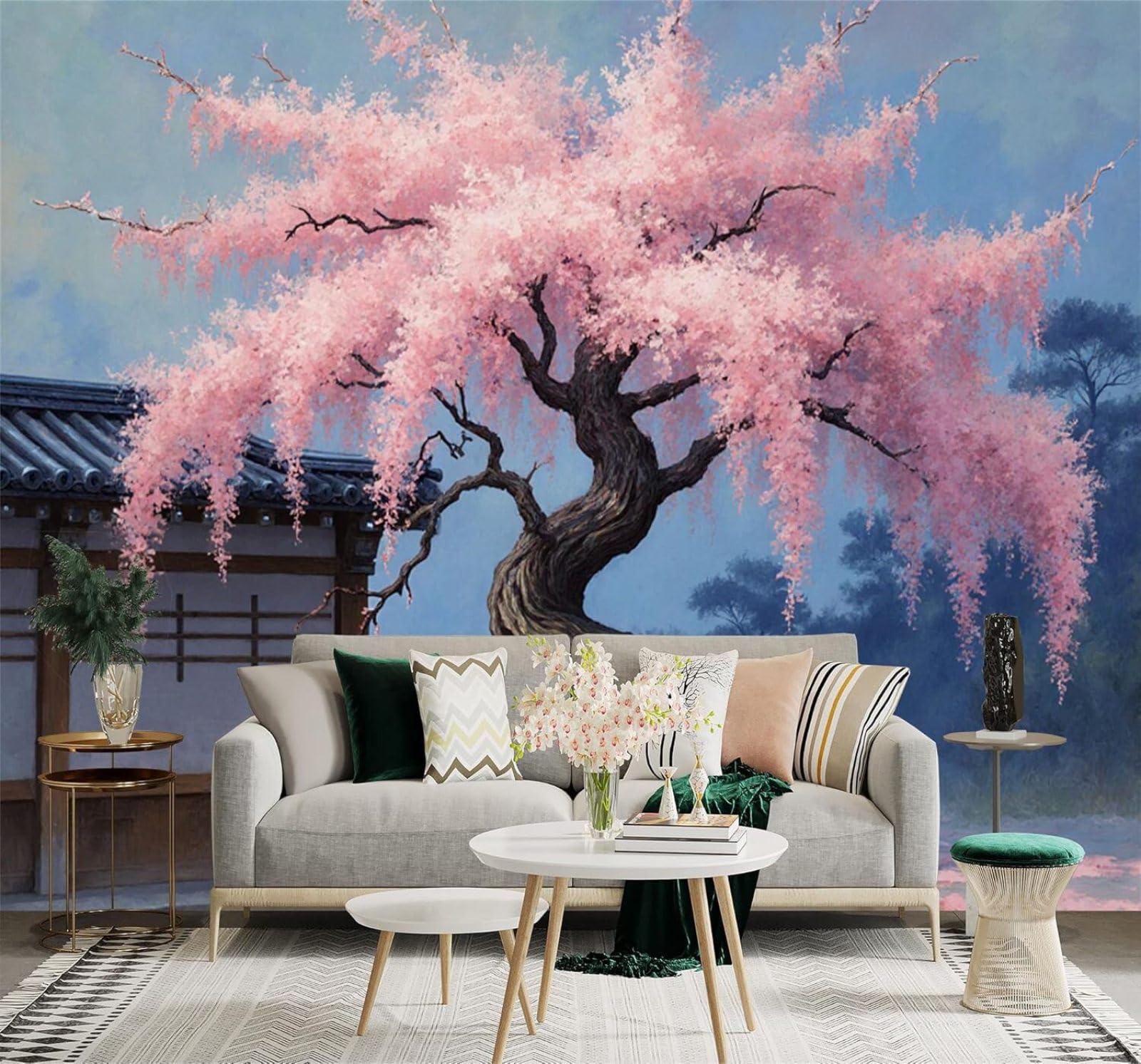 XLMING Three Dimensional Beautiful Pink Cherry Blossom Trees Vintage Houses 3D Wallpaper Silky Texture Home Study Office Grey Dining Room Sofa Bedroom Living Room TV Backdrop-350cm×256cm