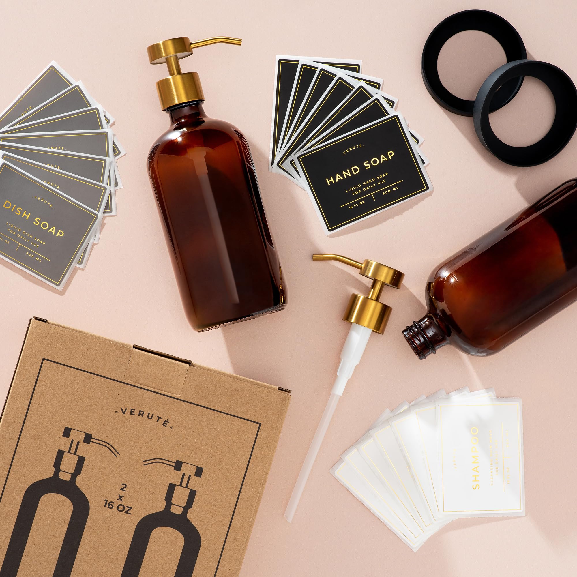 Dispenser di sapone per mani e piatti, per cucina e bagno, set di 2 bottiglie di vetro da 473,6 ml, pompa in acciaio inossidabile, base in silicone antiscivolo, 27 etichette impermeabili (bottiglia