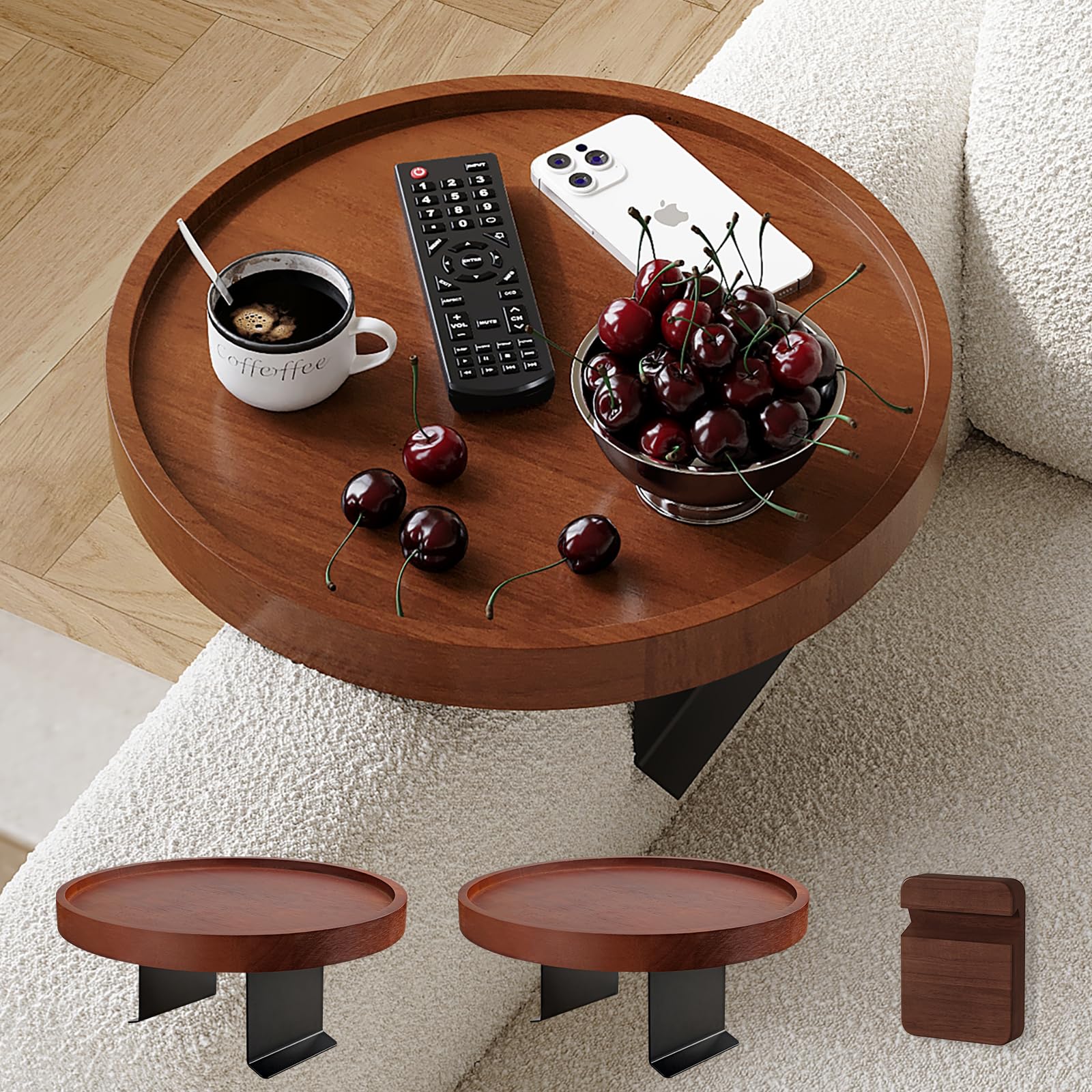 Juego de 2 mesas de madera natural para sofá, bandeja ajustable con clip para el brazo con soporte para teléfono, bandeja para brazo de sofá, mesa de brazo para sofás, bandeja redonda para