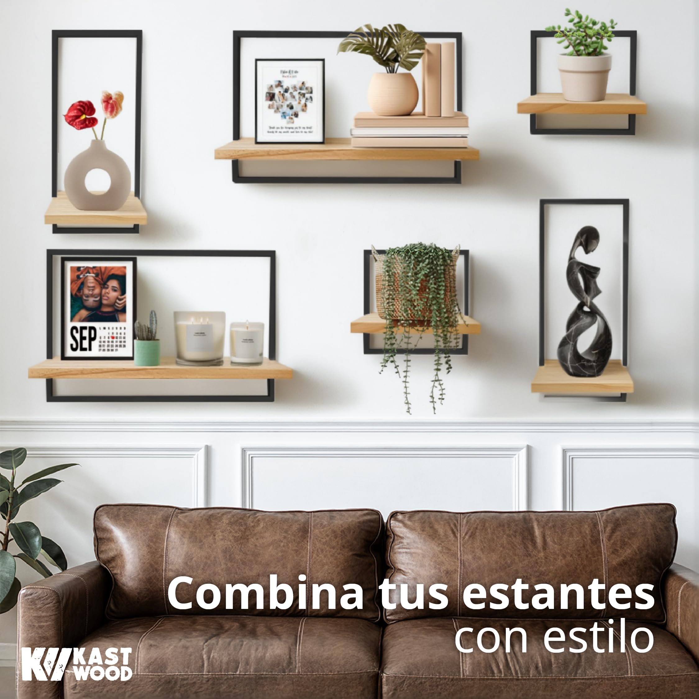 Kastwood Estantería de Pared de Madera – Set 3 Baldas Flotantes Pared y Repisas Decorativas para Salón, Baño y Dormitorio – Estanterías de Pared en Madera Natural con Marco Metálico Decorativo